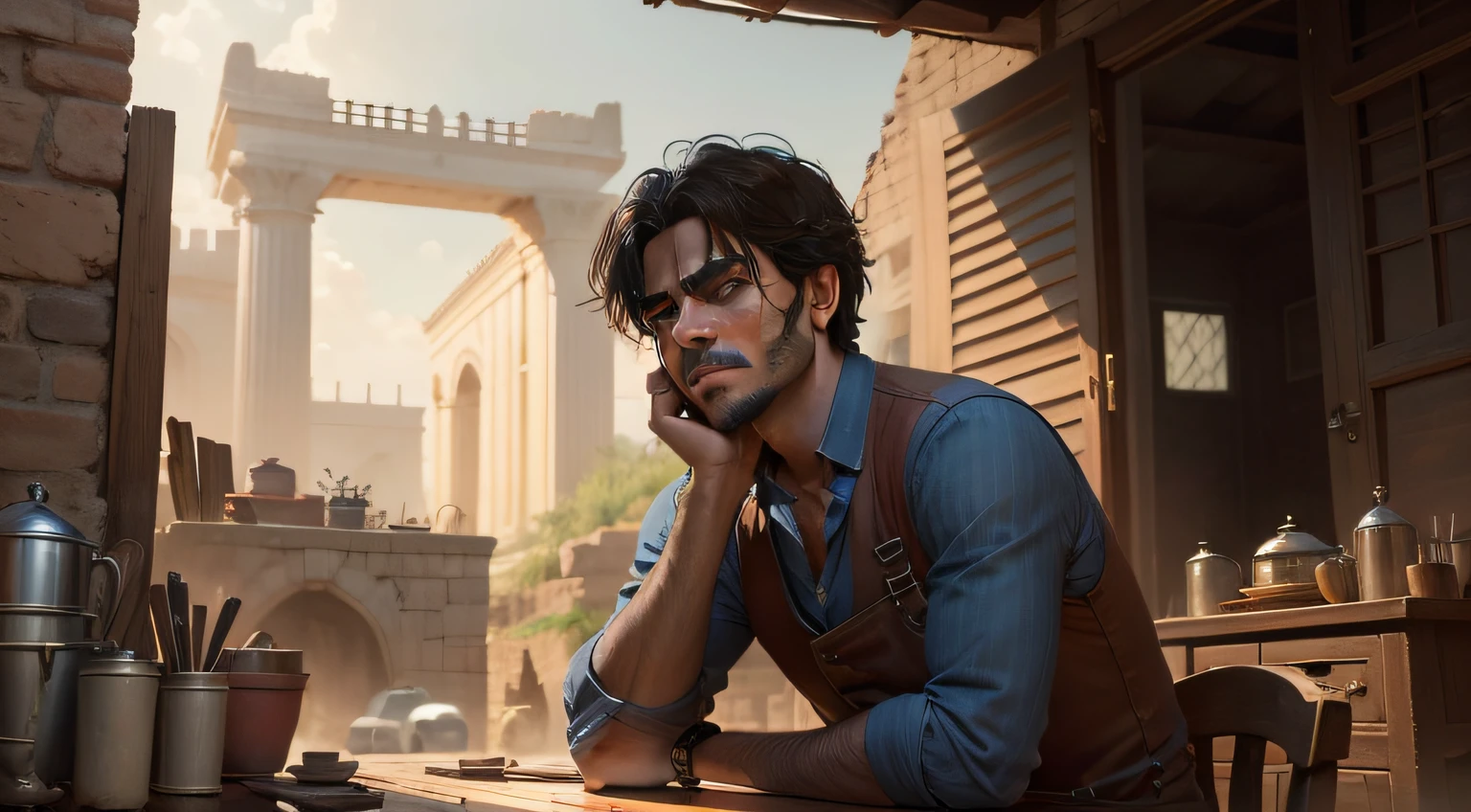Portrait a sunny morning in Babylon. The setting is Bansir's backyard, where he sits on a low wall, gazing at his modest dwelling and the unfinished carriage. He appears visibly desolate and contemplative. Sweat trickles down his face as he runs his hand over the scattered woodworking tools beside him. His distant gaze reveals a mixture of frustration and determination. Convey the atmosphere of the scene, highlighting the contrasting grandeur of the city in the background.8k,cinematic, hiperrealistic, super quality, very detailed