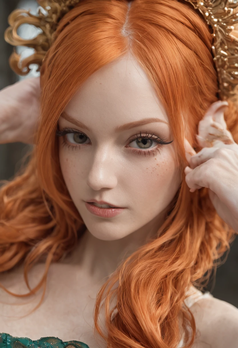 Close-up shot of Nami from One Piece, showcasing intricate facial details, captivating eye texture, glossy lips, vibrant orange hair, and meticulously detailed hair strands.
