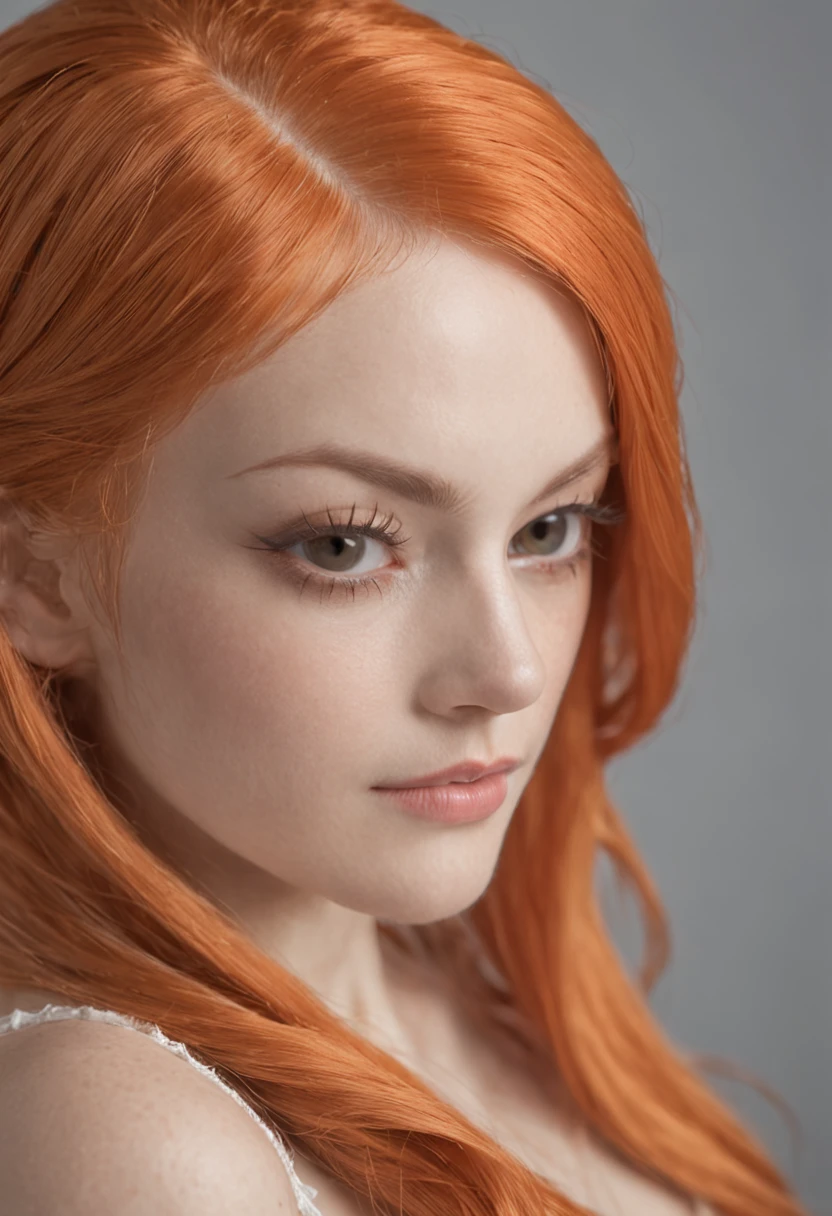 Close-up shot of Nami from One Piece, showcasing intricate facial details, captivating eye texture, glossy lips, vibrant orange hair, and meticulously detailed hair strands.