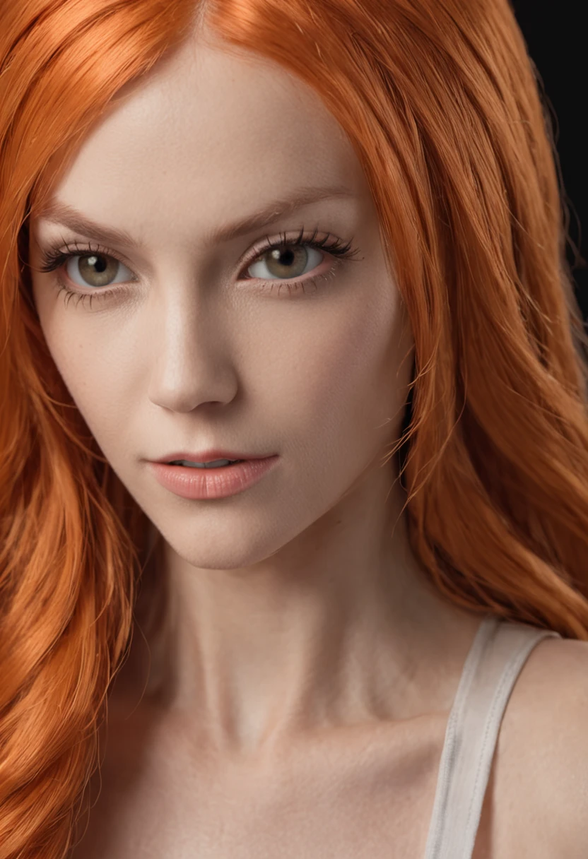 Close-up shot of Nami from One Piece, showcasing intricate facial details, captivating eye texture, glossy lips, vibrant orange hair, and meticulously detailed hair strands.