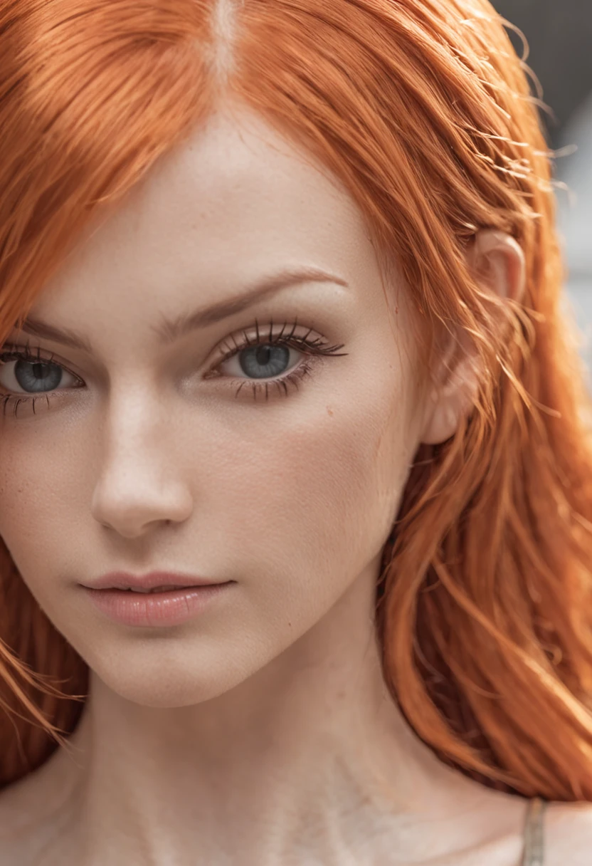 Close-up shot of Nami from One Piece, showcasing intricate facial details, captivating eye texture, glossy lips, vibrant orange hair, and meticulously detailed hair strands.
