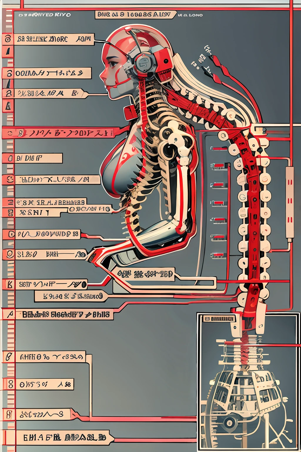 (tmasterpiece,top Quority,best qualtiy,offcial art,Beauty and aesthetics:1.2),(1 mechanical girl:1.3),(Only the upper body:1.4),huge tit,Beheaded at the waist(Exposing internal organs,Mechanical internal organs),blood vess,(Being pierced through the body:1.4 ),Extremely detailed,plethora of colors,Most detailed((ultra - detailed)),(highly detailed CGillustration),((Very fine and beautiful),(From the side Side),(Machine-made joints:1.2),((Mechanical limb)),(Blood vessel attached to tube), (Mechanical vertebrae are attached to the back),((The mechanical cervical vertebrae are attached to the neck)),(sitted),face expressionless,(Wires and cables are attached to the neck:1.2),(Wires and cables on the head:1.2)(Character focus),Science fiction,White background,(bloods:1.5),