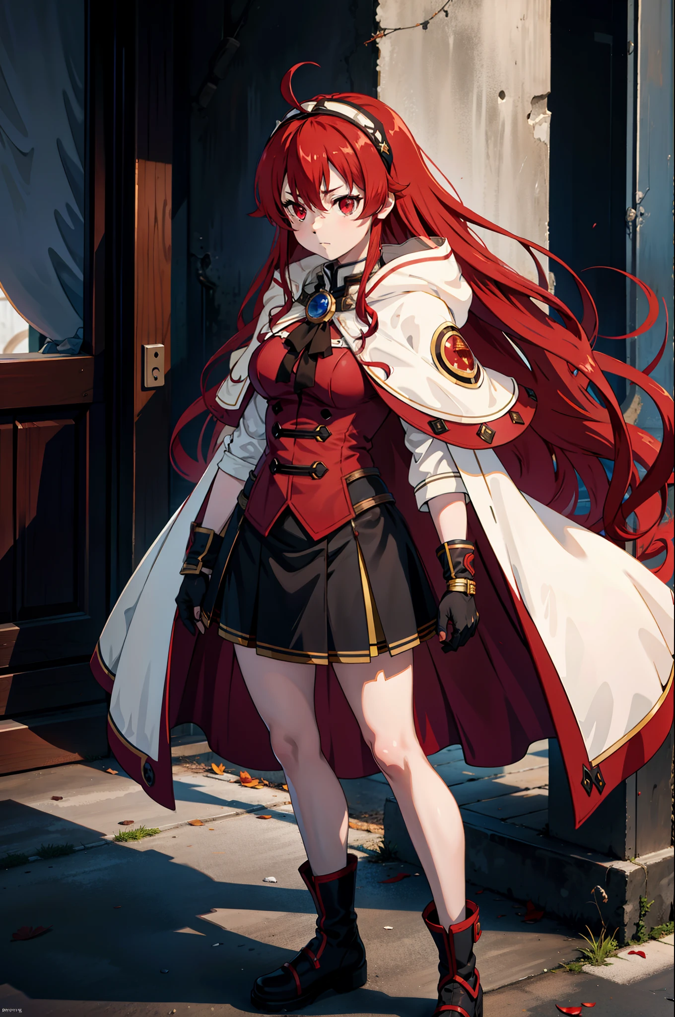 Full-body, 1girl, Eris Greyrat, red hair, red eyes, ahoge, hairband, capelet, coat, gloves,  (masterpiece:1.2), highres, best quality, 8k, very clear,