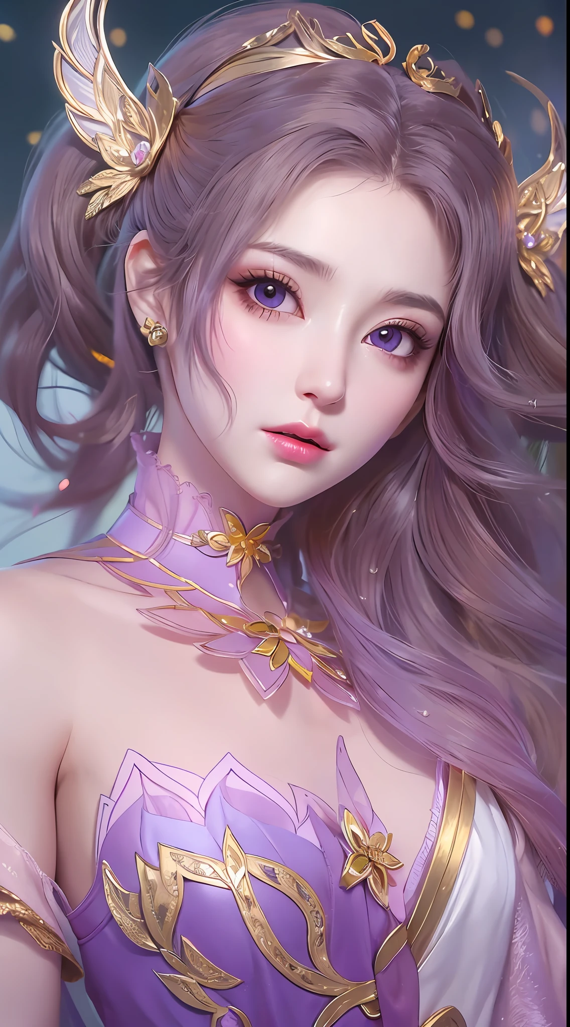 1 20 year old girl, 1 goddess Athena, pink purple silk dress, beautiful goddess Athena face without blemishes, delicate yellow nightgown, long thin sequin nightgown with many sexy black lace details, female saint legend, female saint icon, beautiful goddess style glitter, dark and mysterious version, vermilion lips, plump red lips, not smiling, mouth closed, detailed and delicate images beautifully, delicate and beautiful lip detail, (pure and flawless face: 1.9), female saint body, moderate breasts, ((Super Breast Lift:1.4)), breasts are round and regular,super tight breasts, phoenix brooch, long flat bangs, (((double ponytail: 1.8))), flower stickers tattoo on forehead, beautiful clear face and well-proportioned eyes, (light purple eyes: 1.8), (big round eyes and makeup, sexy wet eye makeup, very beautiful and meticulous hair makeup, long and delicate blonde hair, delicate, body image: 1.8), figure: and vivid, (stars that make up the sky: 1.7), (the sky of heaven and the fictitious gate of time and space: 1.8), fictional art, RAW photos, hanfu photos, best photos, high resolution, best quality, best photos, best goddess quality, 8k female, super 8 single saint portraits, truest color schemes, masterpieces, best beauty brands, best hair jewelry, brand real photo, dark studio, border light, two-tone lighting, (rose white skin: 1.4), (high skin detail: 1.1), 8k uhd, soft light, 8k, high quality, candid, volume Smooth and sharp, 10x pixel increase, sexy goddess, (background space: 1.8), (most beautiful aurora eyes: 1.7), beautiful eyes, aurora beautiful and flowery, (beautiful single girl: 1.8), (more details:0.8),