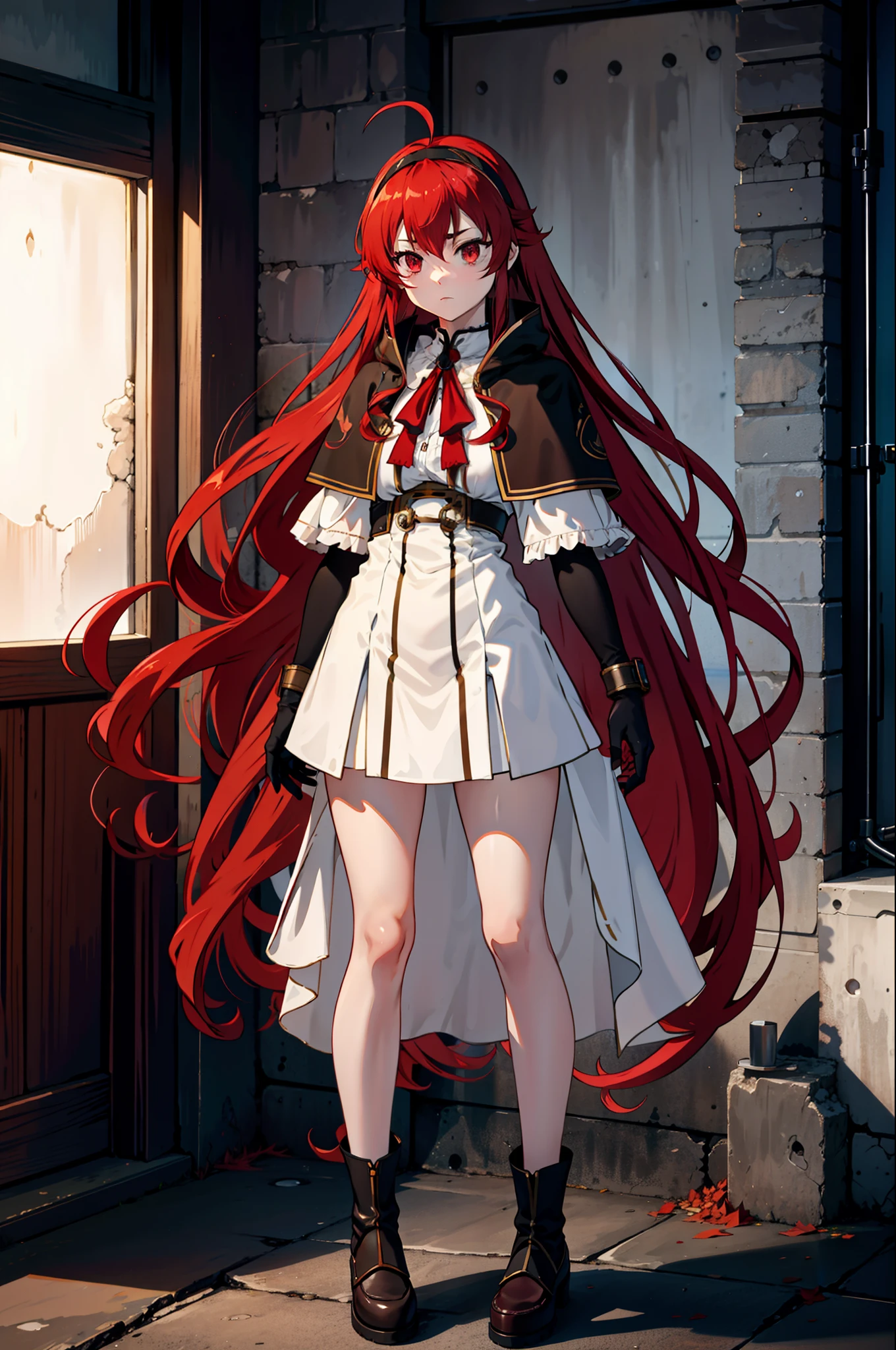 Full-body, 1girl, Eris Greyrat, red hair, red eyes, ahoge, hairband, capelet, coat, gloves,  (masterpiece:1.2), highres, best quality, 8k, very clear,