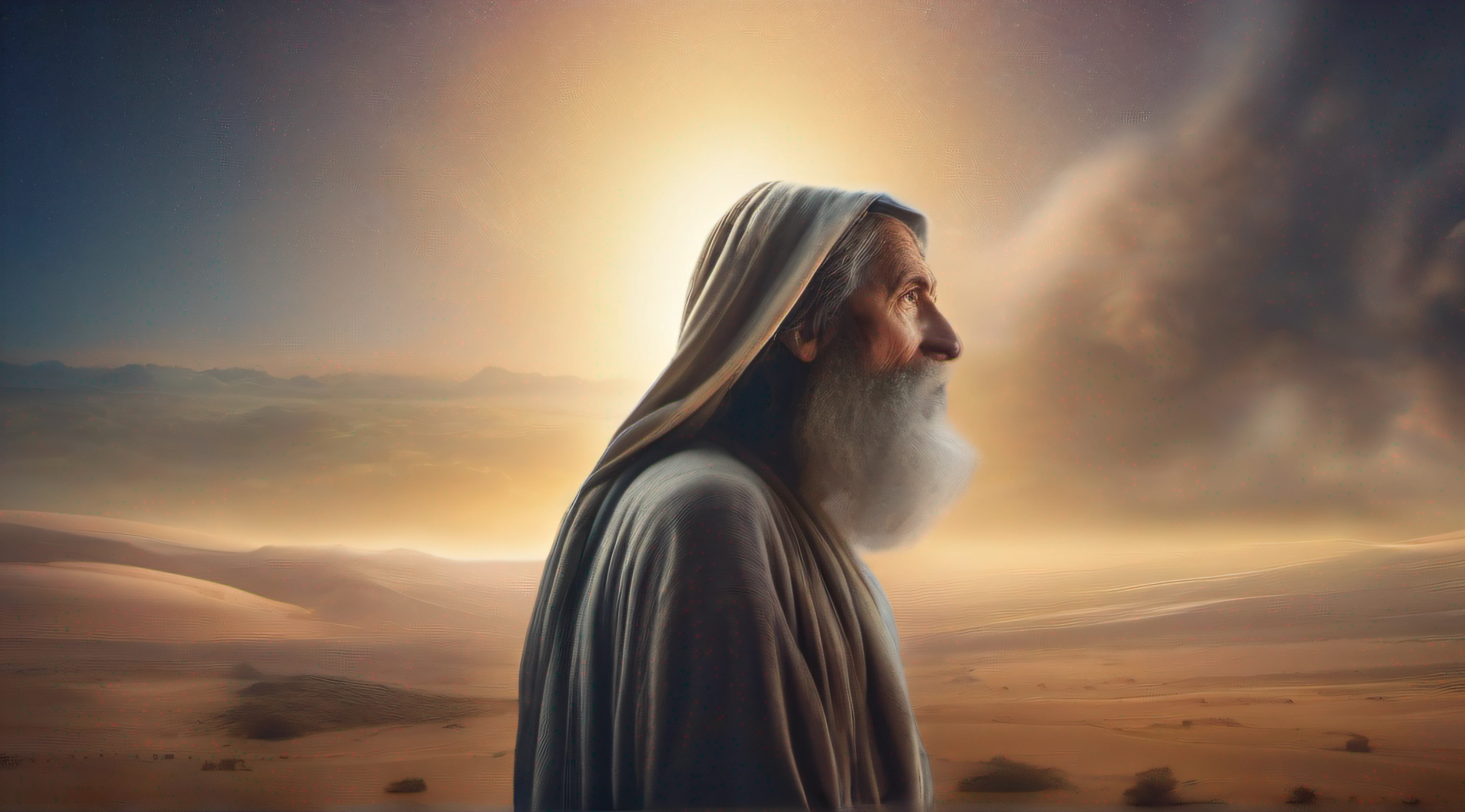 imagem de um idoso sentado, he looks up to heaven and cries out to God to hear him, com tons quentes e terrosos, e sombras profundas. The old man's face is lit up , with a wise and gentle expression, --V 5 --Estilizar 1000, Old biblical prophet cries out to God for the lives of his people, obra-prima, detalhes intrincados, cinemactic, The biblical prophet looks up at the night sky full of stars, with a beautiful sky, algumas nuvens, It's in the Sinai Desert, em uma colina, In the background is the desert and a small biblical village in the background, Abraham-like man, 70-Year-Old Biblical Character, no deserto, foto escura: epic realistic, Soft cinematic portrait, Adobe Lightroom, photographic lab, altamente detalhado, desbotado, arte de greg Rutkowski e artgerm ,cores neutras: 1,2), (HDR: 1,4) , (cores suaves:1.2), hiperdetalhado, (art-station:1.4), cinemactic, luzes quentes, dramatic light, (detalhes intrincados:1.1), fundo complexo, (Rutkowski:0.66), (azul e laranja:0.4), Kinematic, Old man wears hooded tunic, is looking at the sky, (((olhos perfeitos, expressivos))), 8k,
