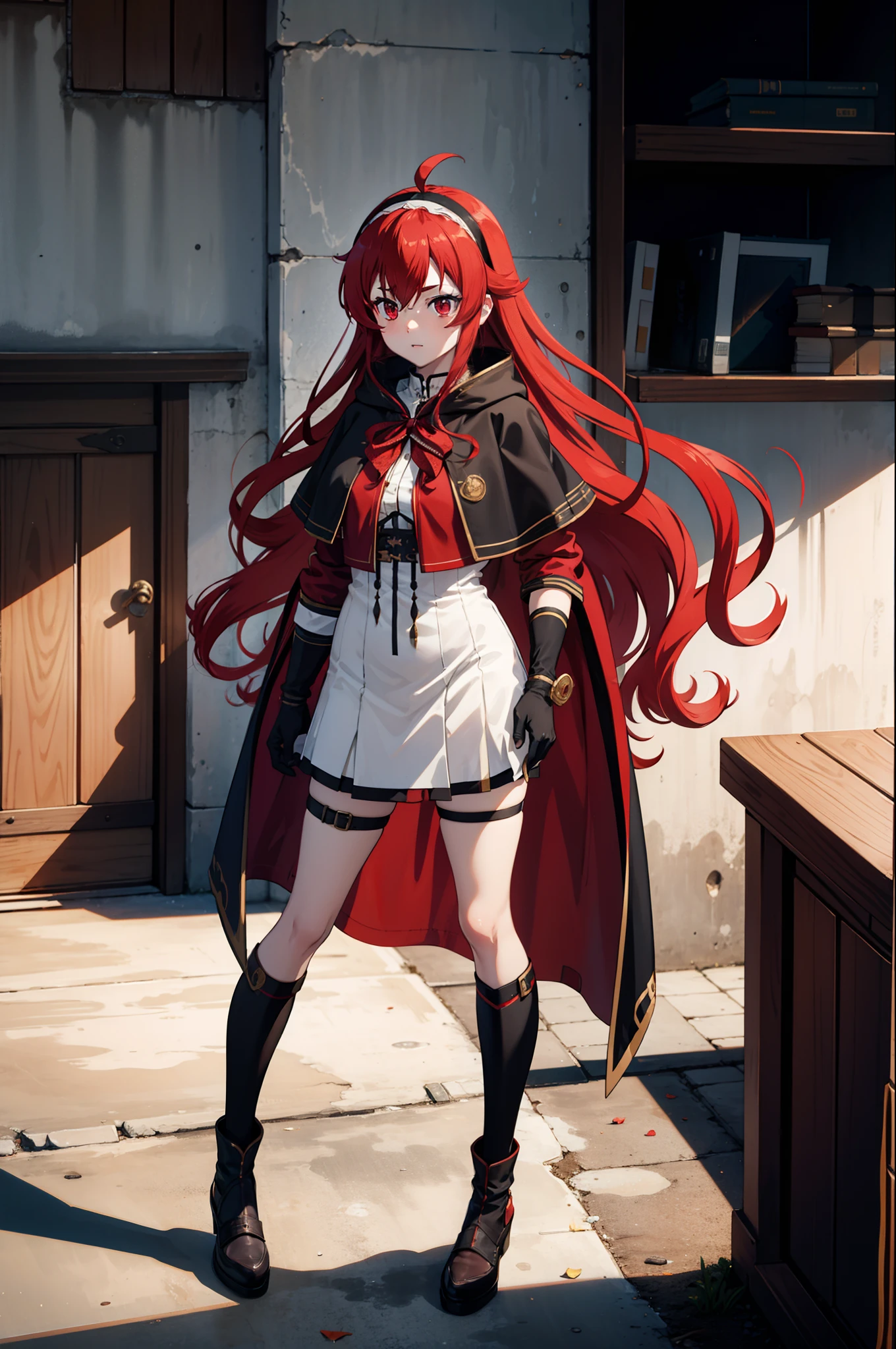 Full-body, 1girl, Eris Greyrat, red hair, red eyes, ahoge, hairband, capelet, coat, gloves,  (masterpiece:1.2), highres, best quality, 8k, very clear,