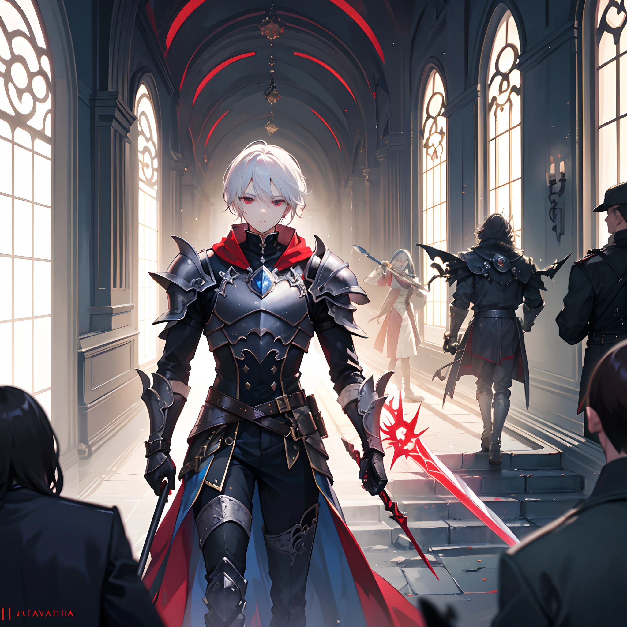 Once upon a time, in a mystical land filled with legends and enchantment, a man with striking white hair and piercing red eyes stood proudly in the grand hall of a majestic castle. He was adorned in legendary armor, a combination of deep crimson and obsidian black, which seemed to radiate power and strength.
This enigmatic figure possessed a special gift that set him apart from the ordinary inhabitants of the realm. In his hand, he wielded a magnificent magic sword, its blade shimmering with an ethereal glow. The very essence of the sword seemed to dance with ancient enchantments, ready to unleash its mystical might upon any foe that dared to cross its path.
As the man stood in the castle, his magic sword emitted a soft hum, a sign that it was ready for action. But instead of clasping onto it firmly, he merely extended his arm towards the sword, and with a flick of his wrist, the blade detached from its hilt and began to hover in the air, trailing behind him like a loyal companion.
With his remarkable powers, the man moved with grace and swiftness through the castle's corridors, his stunning armor reflecting the flickering torchlight. As he traversed the ancient halls, the castle seemed to come alive, responding to his presence. Tapestry rustled, and the very stones whispered tales of his heroic deeds.
In the heart of the castle, a confrontation awaited the man. A sorcerer of great malevolence had taken hold of the castle walls, spreading darkness and chaos throughout the land. Determined to bring peace back to his realm, the man with white hair and red eyes marched forward, his magic sword flying alongside him.
As he entered the sorcerer's lair, the air crackled with raw power. The sorcerer, cloaked in shadows, sneered upon seeing the armored figure standing before him. He knew not of the might and determination of the man who dared to challenge him.
With a flick of his wrist, the man unleashed the full potential of his magic sword. It soared through the air,