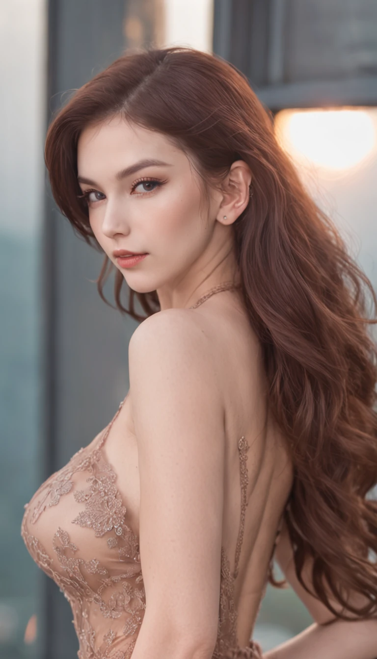 Cute beautiful woman posing on the seaside、European Caucasian、Hair is bronze、Eyes are blue、yellow、White the、purple、Red、22 year old American beauty in orange see-through dress, The breasts are very big and plump, and the waist is constricted and sexy、super model、Eye color is blue、Her hair color is long brown、bright blue shiny lingerie dress, lacey, Gorgeous American models, europian、Sexy Girl, lingerie dresses, laced lingerie dresses, Wearing sexy lingerie, Sexy Pose, beauty lingerie, side pose, Sexy pose with buttocks sticking out、Beautiful fece, back-view,, Blue Bikini,