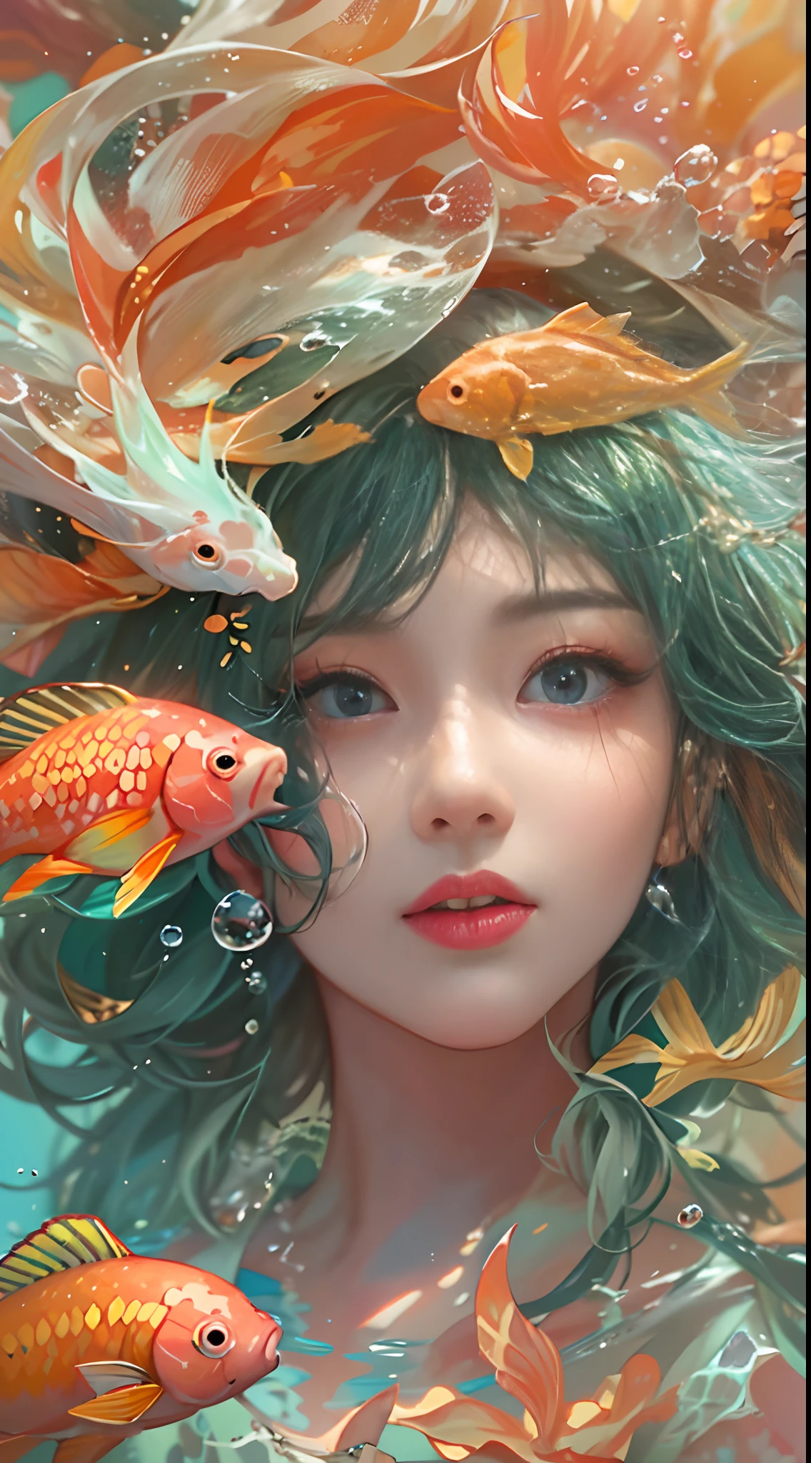 ModelShoot style, (Extremely detailed Cg Unity 8K wallpaper), A chaotic storm of intricate liquid smoke in the head, Stylized abstract portrait of beautiful girl, wetted skin,Koi，Beautiful koi，Flocks of koi,carp，Strange shaped corals，ocean floor，Beautiful coral reef in the background，Rochas,Marine life，colorful coral reef,author：Petros Afshar, ross tran, tom whalen, Peter Mohrbacher, Art germ, Broken glass, ((bubbly underwater scenery)) Radiant light octane rendering is highly detailed, inspired by Yanjun Cheng, Beautiful digital artwork, Guviz-style artwork, 4k highly detailed digital art, Beautiful digital illustration, Cute detailed digital art, stunning digital illustration, A beautiful artwork illustration, Exquisite digital illustration, 4K detailed digital art,
waiting to start