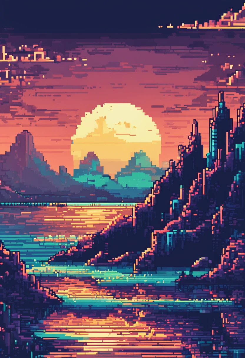 Pixel art of a huge moon rising on the calm sea, beautiful detailed pixel art, detailed pixel art, lo-fi retro videogame, concept pixelart, detailed pixel artwork, Pixel art style, pixel town, pixel art animation, high quality pixel art, Dolphins leap from the surface of the sea, super detailed color lowpoly art, #pixelart:3, # pixelart, #pixelart