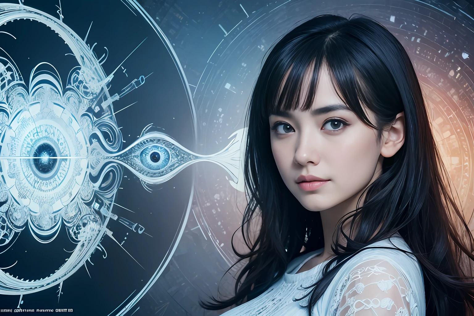official art, unity 8k wallpaper, ultra detailed, beautiful and aesthetic, masterpiece, best quality, (zentangle, mandala, tangle, entangle), (fractal art:1.3) , 1woman, The most beautiful face ever, ((Emma watson:0.1)), (Audrey Hepburn:0.2), ((Emilia Clark:0.6)),(Yuki Uchida:0.4), (relatively thick eyebrows:0.4), dark circles, (beautiful large iridecent eyes:1.3), (no-makeup:1.6), big breast, extremely detailed, dynamic angle, cowboyshot, the most beautiful form of chaos, elegant, a brutalist designed, vivid colours, romanticism, by james jean, roby dwi antono, ross tran, francis bacon, michal mraz, adrian ghenie, petra cortright, gerhard richter, takato yamamoto, ashley wood, atmospheric, ecstasy of musical notes, streaming musical notes visible, glowing astral body, mysterious atmosphere