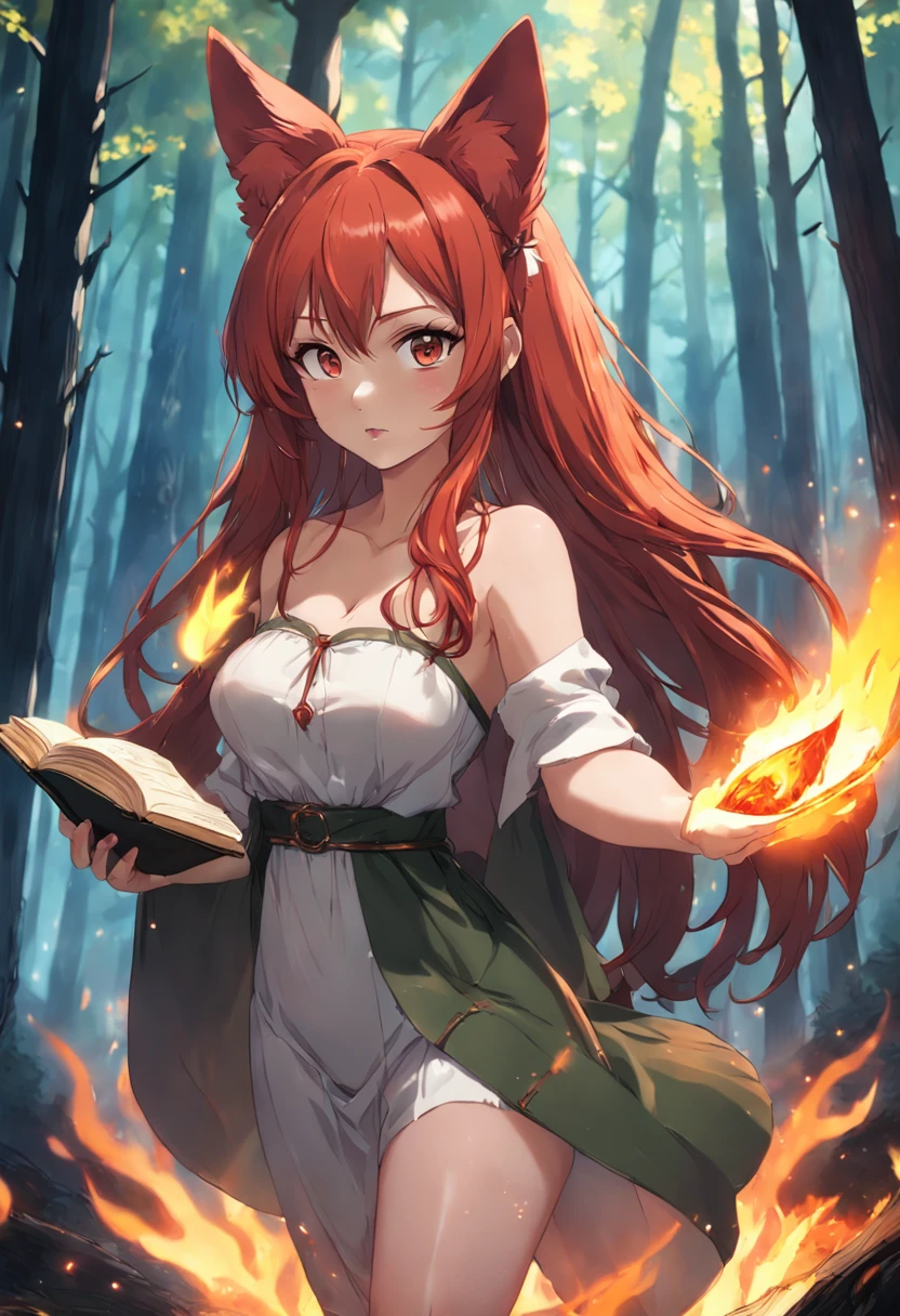 A beautiful redhead with full ??????? dressed red ears and foxtail holding a book in her left hand and a fire spell in her right hand she is in a dense forest