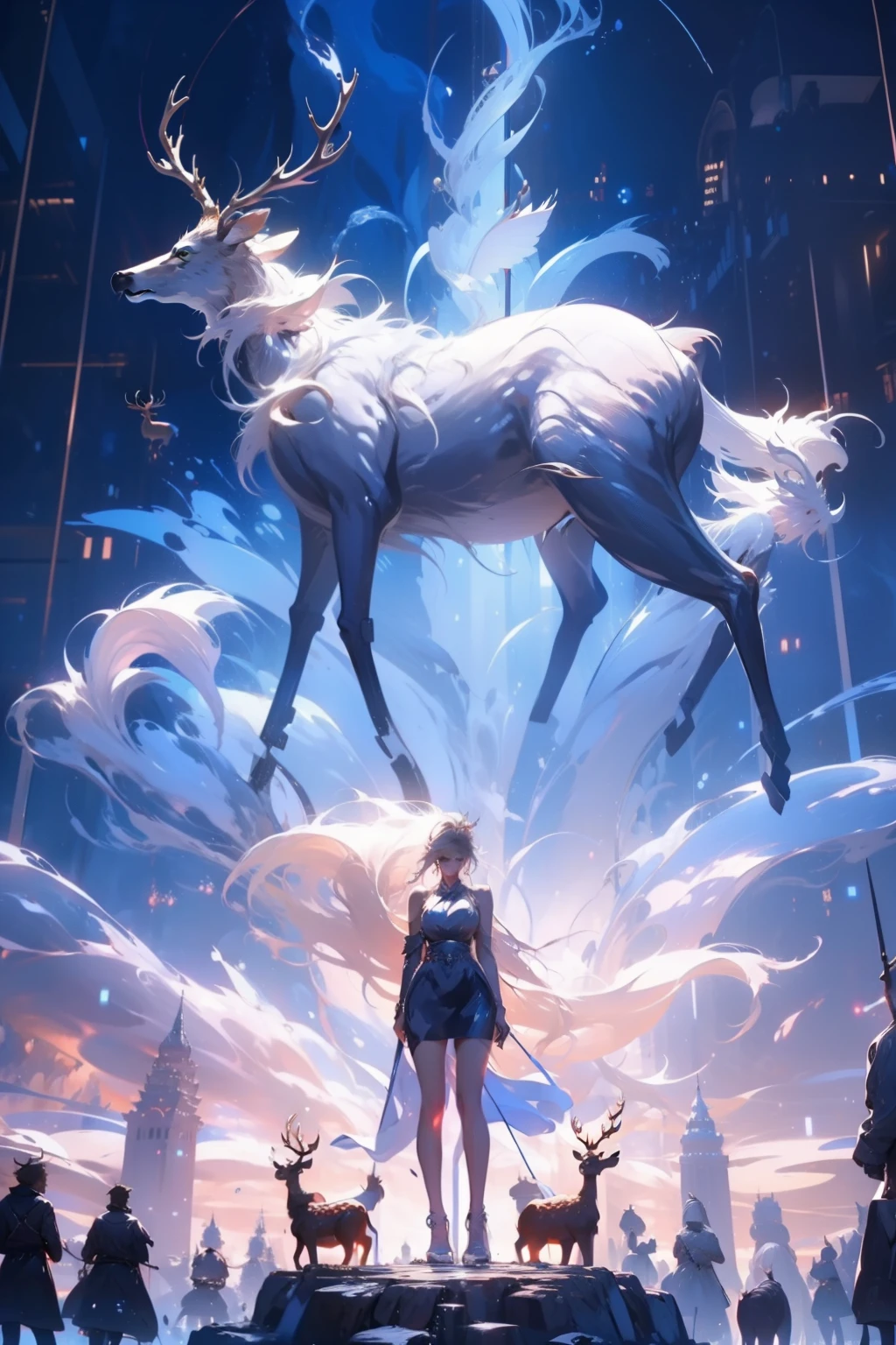 (((bailu))),deers,(((Behind is a huge deer))),A woman of outstanding figure,Wear a nice miniskirt,Leaking out of both shoulders,jewely,Amazing work,Vitreous luster,clean backdrop,High gloss,blue colors,In pink,cyan colors,red colour