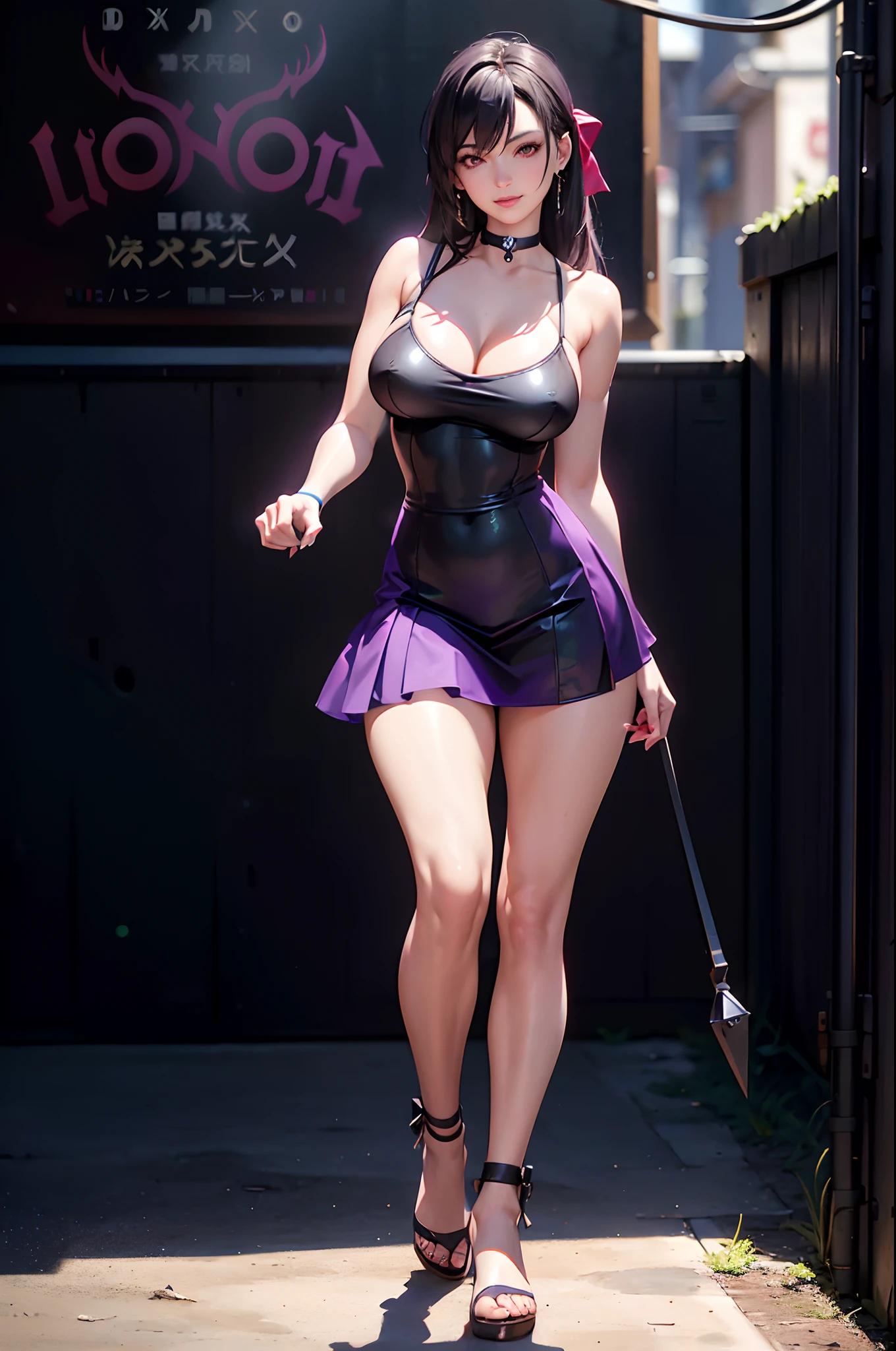 (8k, best quality, masterpiece:1.2), (realistic, photo-realistic:1.37), ultra-detailed, 1 girl,cute, solo, (tifa lockhart), (large breasts:1.5),(beautiful detailed eyes), (smile:1.2), (closed mouth), erotic pose, outside an industrial factory, depth of field, dark intense shadows, sharp focus, depth of field, good composition, green glowing light, Final Fantasy VII, (purple dress:1.3), (black choker with bow) (full body:1.5), head rest, lips, pretty face, very long hair, ((red_eyes:1.3)), intricate, bokeh, cinematic lighting, photon mapping, radiosity, physically-based rendering, (Tetsuya Nomura style), nsfw, perfect breasts, clenched fists