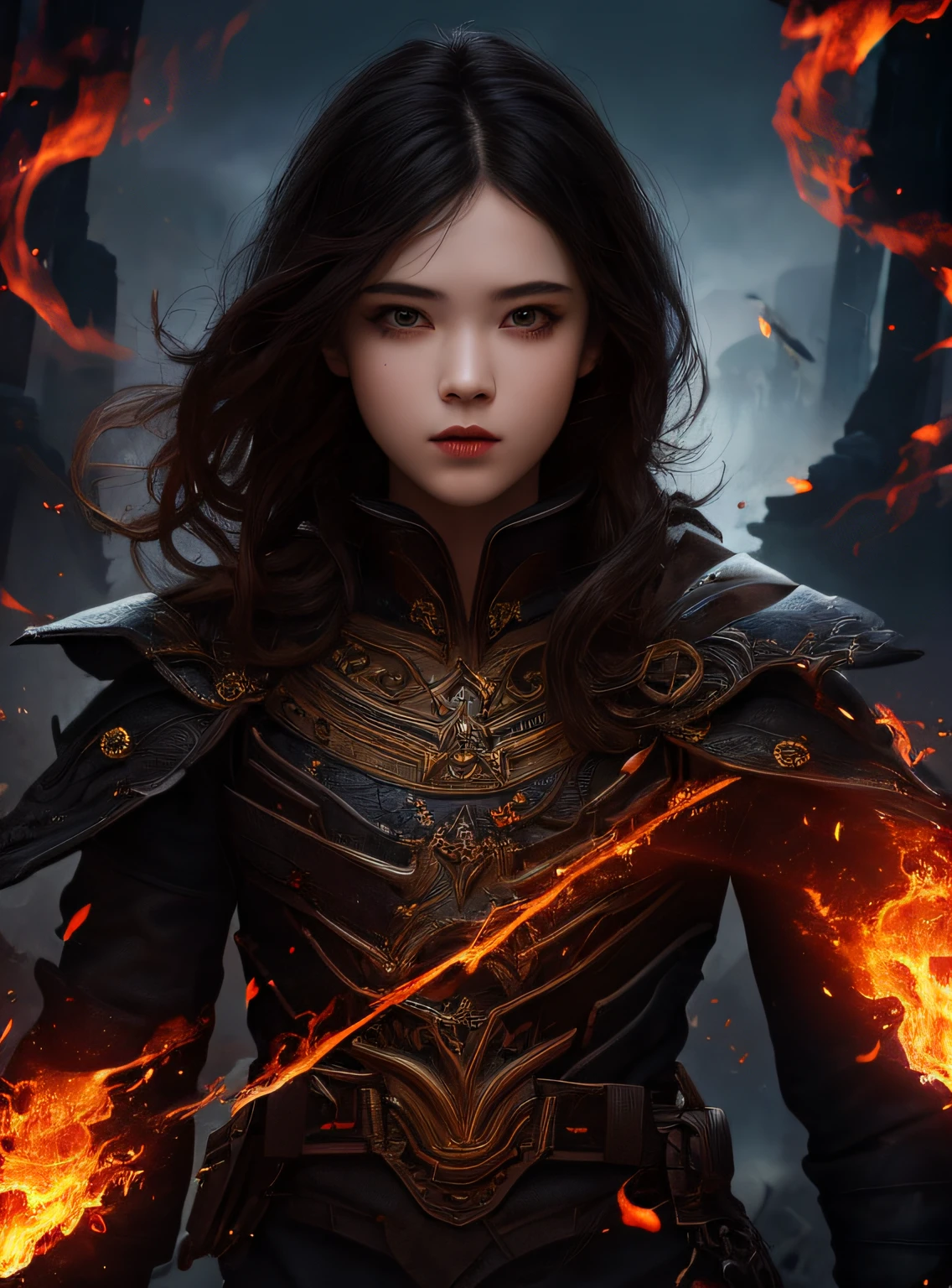 1girl,solo,masterpiece, best quality,fantasy,dark,shadow,
face is important,boy is important,eyes are important,rThe character is the main body of the work,(upper body),
flames,ruins, swirling magic,