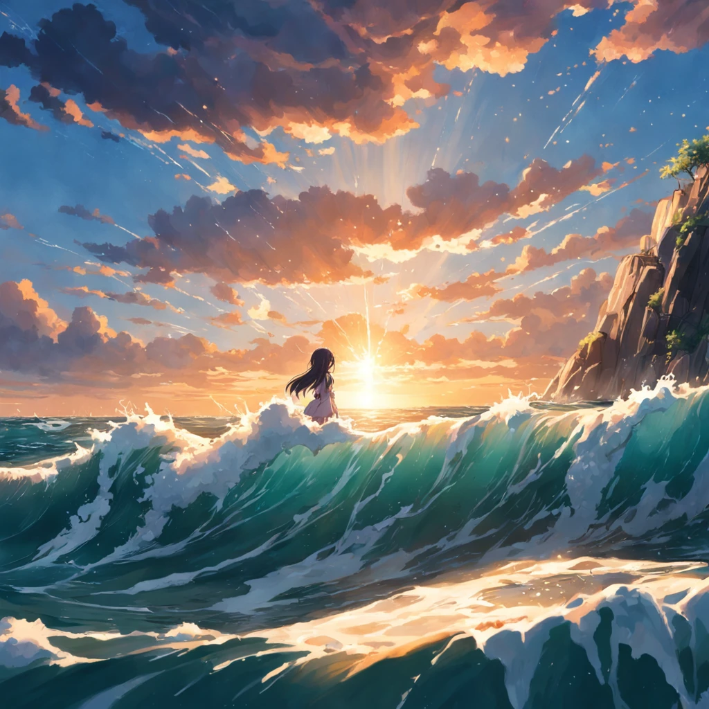 obra-prima, melhor qualidade, filme ainda, sea, ocean, waterfall, cloud space, floating into the sky, close-up, brilhante, feliz, Soft lighting and Warm, sun sunset, (Sparks: 0,7)