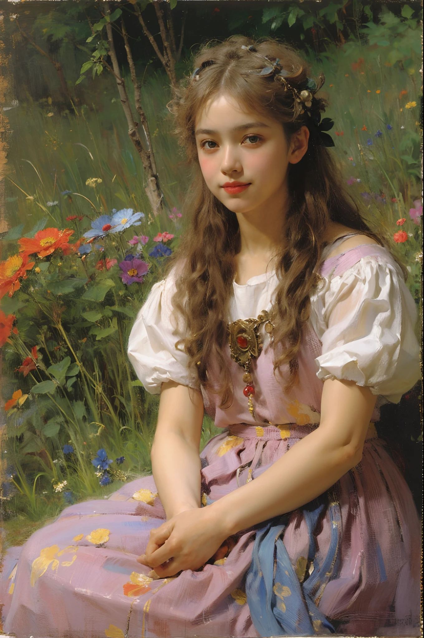 ****************, (style of: Ilya Repin), ((tmasterpiece)) with collected hair, skirt and shirt, blush on cheeks, Rowan beads, naivety and simplicity, Emotional smile, Proper anatomy of the body, Realistic, Classical Russian painting, Academic, Extreme detailing, Colorful plot