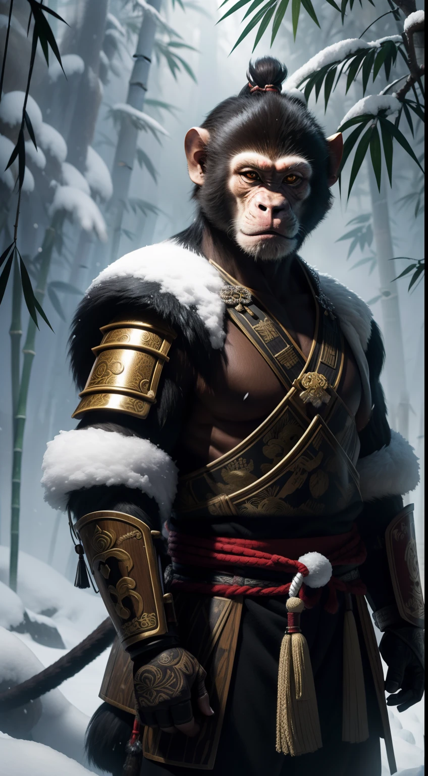 samurai, monkey-face, snow, bamboo jungle, Animal Anthropomorphism, realistic digital, humanoid, abstract background, global illumination, intricate, epic, dramatic, masterpiece, high detail, best quality, ultra high res
