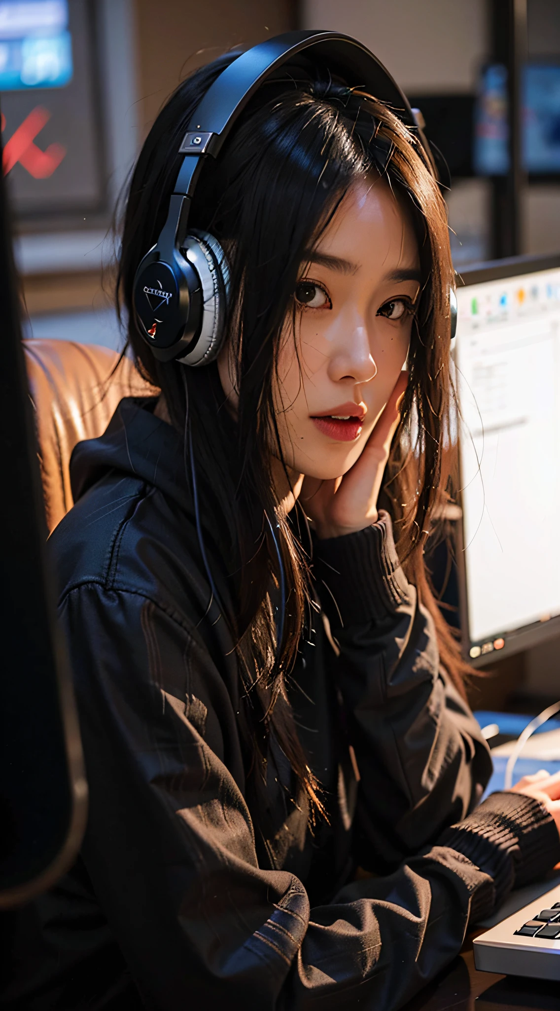 There was a woman wearing headphones sitting in front of a computer, style of anime4 K, Anime style. 8K, Guviz-style artwork, realistic art style, Artgerm and Atey Ghailan, Realistic anime 3 D style, realistic anime artstyle, Digital anime art, Style Artgerm, Extremely detailed Artgerm, Digital anime illustration