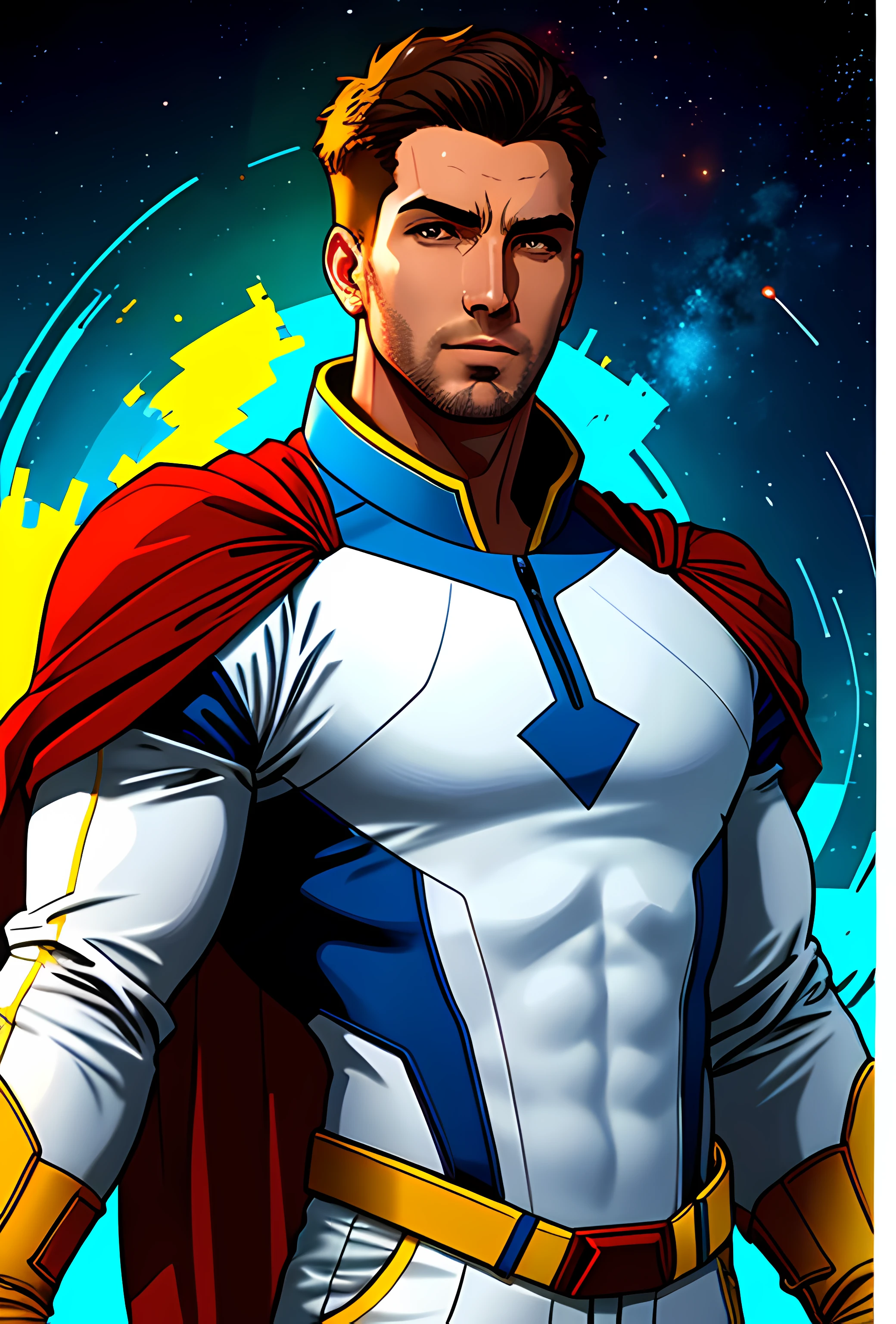A superhero, man, dressed mainly in white, secondary colors of blue, green, yellow and red, in the space, highly detailed, digital art, looking at viewer, artstation style, intrincate details