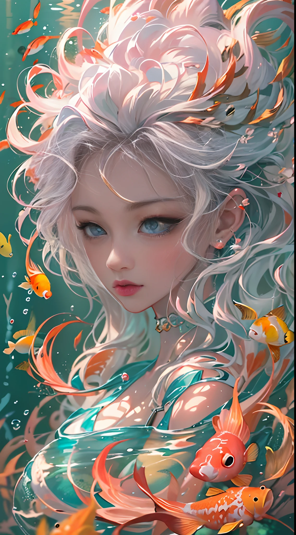ModelShoot style, (Extremely detailed Cg Unity 8K wallpaper), A chaotic storm of intricate liquid smoke in the head, Stylized abstract portrait of beautiful girl, wetted skin,Koi，Beautiful koi，Flocks of koi,carp，Strange shaped corals，ocean floor，Beautiful coral reef in the background，Rochas,Marine life，colorful coral reef,author：Petros Afshar, ross tran, tom whalen, Peter Mohrbacher, Art germ, Broken glass, ((bubbly underwater scenery)) Radiant light octane rendering is highly detailed, inspired by Yanjun Cheng, Beautiful digital artwork, Guviz-style artwork, 8K highly detailed digital art, Beautiful digital illustration, Cute detailed digital art, stunning digital illustration, A beautiful artwork illustration, Exquisite digital illustration,8K detailed digital art,
waiting to start