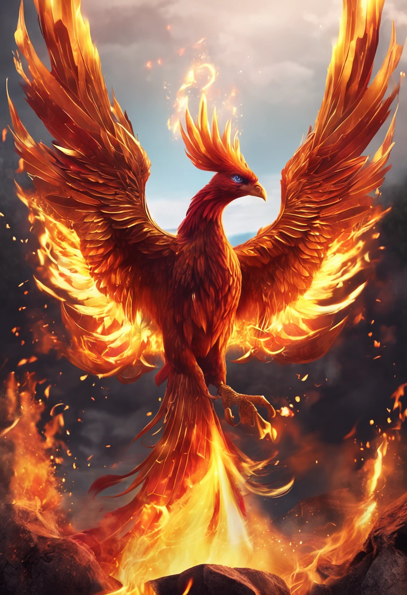 phoenix，The golden badge of the Flame Phoenix, brightly, A majestic, All attention was focused on the details of the phoenix burning, stunning atmosphere，Rich gold and red color palette, Bright lights, Effects of flame splashes and smoke