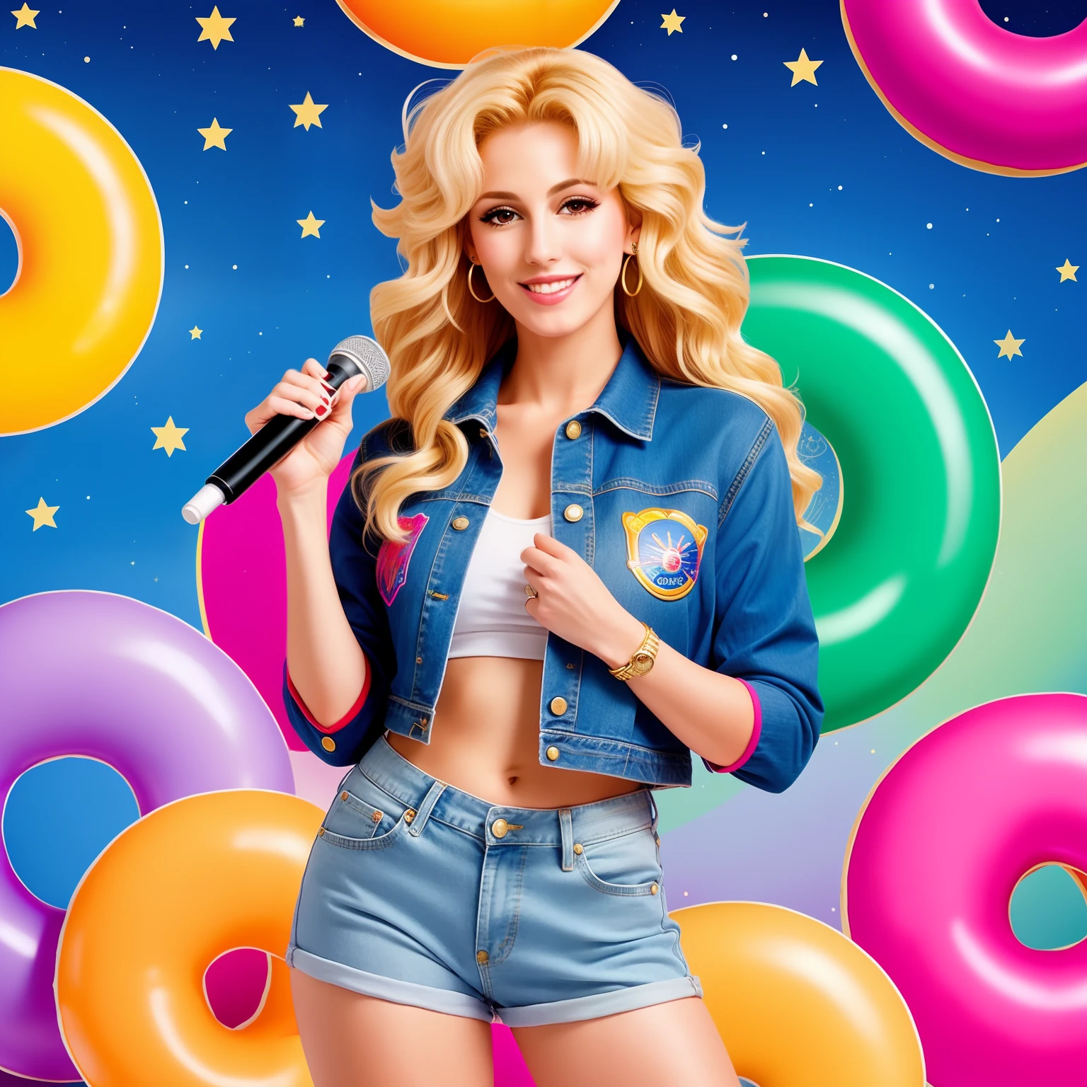 "(Mature and realistic portrayal:1.2) Sailor Moon exuding confidence as she holds a microphone, her blonde hair cascading down, adorned in stylish rainbow denim clothes from the 2000s, with a backdrop filled with donuts."