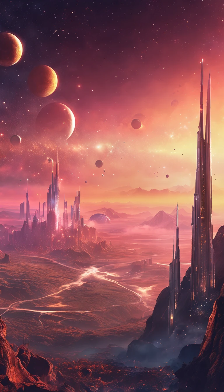 Starry sky and distant fantasy cities and planets with towers, epic fantasy sci fi illustration, fantasy planet, arstation and beeple highly, Fantasy space, fantasy scifi, epic scifi fantasy art, epic dreamlike fantasy landscape, ethereal starlit city at sunset, impressive fantasy landscape, Sci-fi fantasy wallpaper, epic beautiful space scifi, Fantasy Sci-Fi - Fantasy