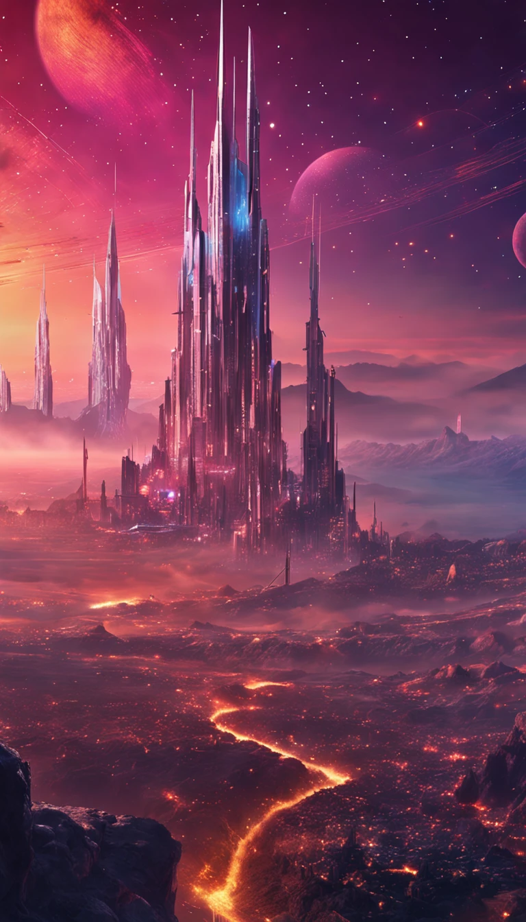 Starry sky and distant fantasy cities and planets with towers, epic fantasy sci fi illustration, fantasy planet, arstation and beeple highly, Fantasy space, fantasy scifi, epic scifi fantasy art, epic dreamlike fantasy landscape, ethereal starlit city at sunset, impressive fantasy landscape, Sci-fi fantasy wallpaper, epic beautiful space scifi, Fantasy Sci-Fi - Fantasy