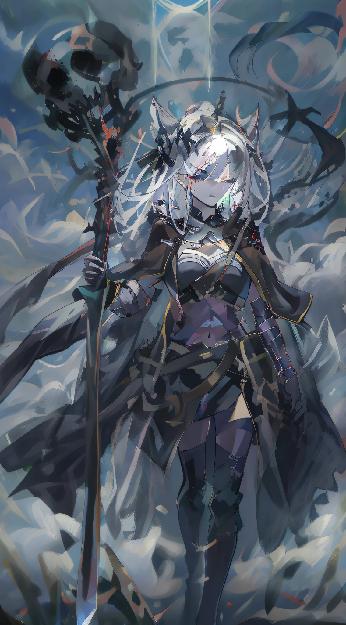 (Masterpiece, Best quality, illustration)), chaos theme, horror theme, A girl, covering eyes, Mask, skull, head gear, skeletal armor, skeleton print, Armored dress, floating capelet, jacket removed, Solo, Many planted_sword, 废墟, Cloudy sky, nevando, Dark lighting