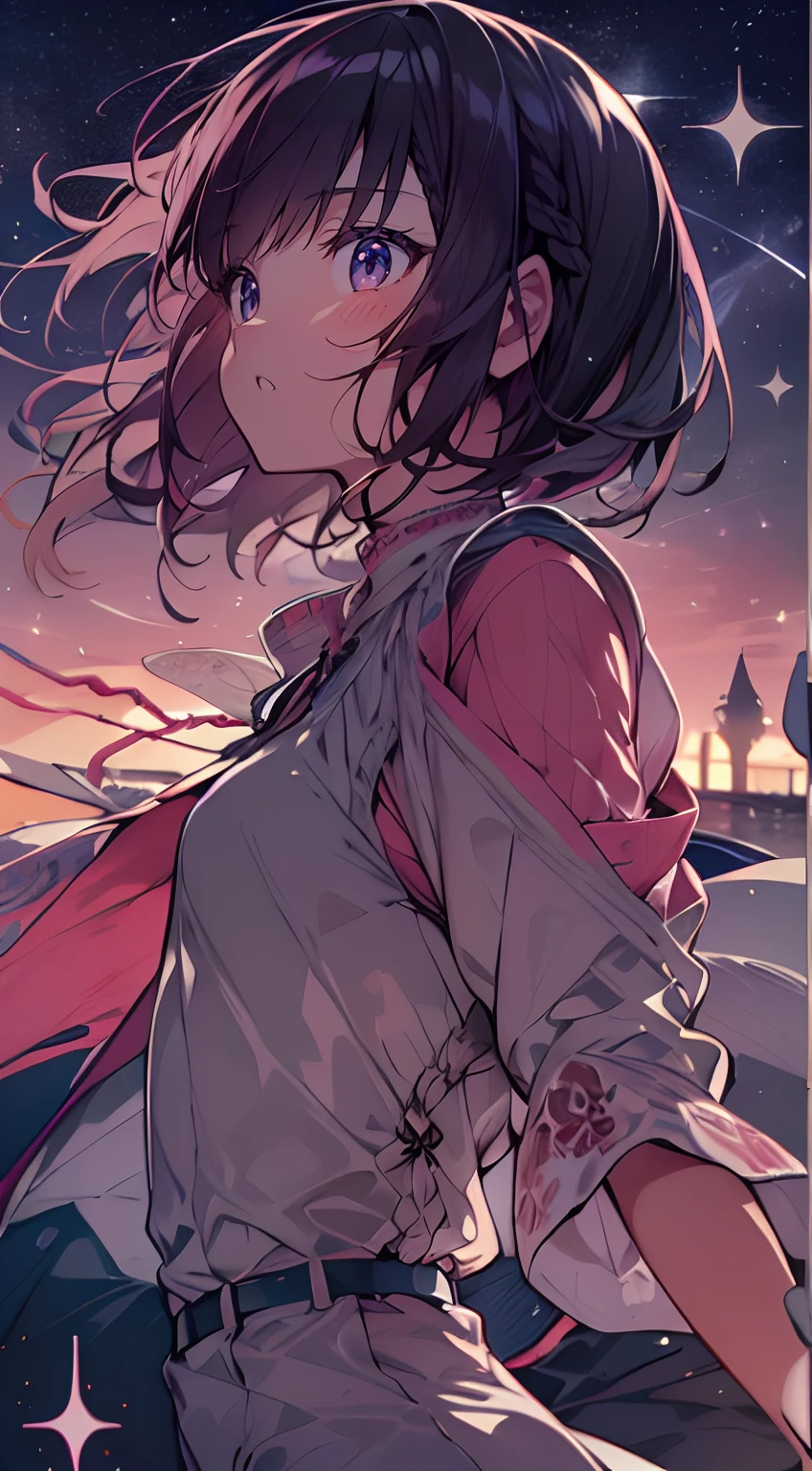 masutepiece, Best Quality,Illustration, Wallpaper, Ultra Detail, absurderes, 1girl in、 (Medium short hair、short braided hair), Beautiful ultra-detailed eyes , Hair fluttering in the wind、:o、Smaller head、Beautiful night sky