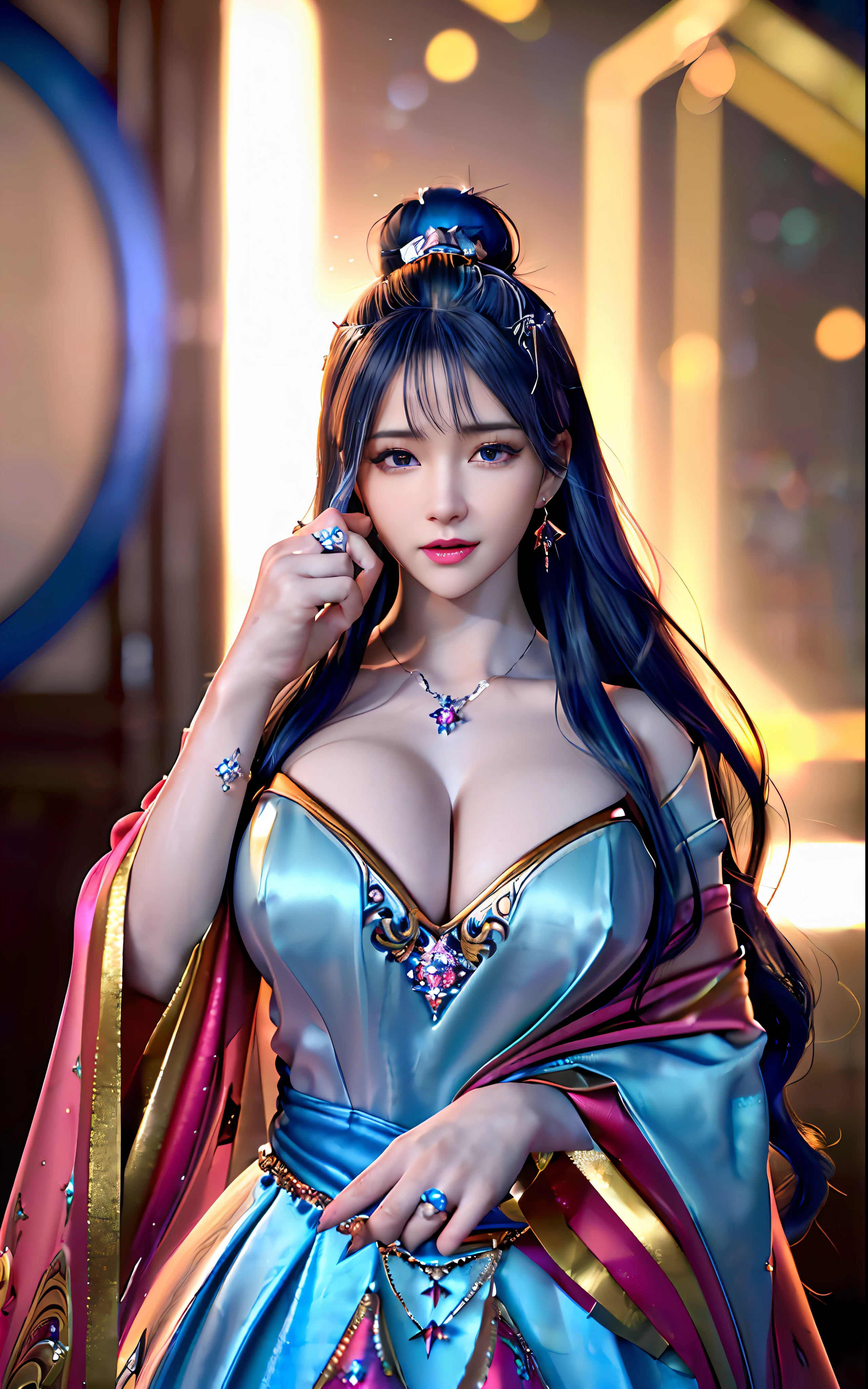 ((realisticity: 1.2)), ((realistic: 8K UHD)), ((best resolution: 8K UHD)), hyper detailed, best quality,masterpiece,highres,cg, ((1 girl hyper detailed and hyper realistic) ) , ((beautiful queen, hyper realistic and hyper detailed)),((white skin, beautiful, smooth, youthful, hyper realistic and hyper detailed )), ((Face hyper beautiful, white, hyper realistic and hyper detailed ) ), long hair, ((hyper realistic and hyper detailed dress)), solo, ((hyper realistic, hyper beautiful, beautiful and hyper detailed jewelry)), ((hyper beautiful deep red and golden yellow dress, hyper realistic and hyper detailed )) , ((Her pretty, hyper realistic, hyper detailed diamond filled earrings)), ((Her gorgeous diamond haircut, hyper realistic and hyper detailed)), ((hyper pretty upper body, hyper beautiful, hyper realistic and hyper detailed) ), ((medium breast: 1.1)), ((hyper realistic, hyper pretty, hyper detailed boobs)), ((the backgroun of the royal palace is hyper majestic, hyper realistic and hyper detailed)),((hands and palms hyper beautiful, hyper detailed, hyper realistic)), ((hyper detailed and hyper realistic fingers and fingernails)), ((hyper pretty fingernails, hyper vivid, hyper detailed, hyper realistic)), ((thumb, index finger, middle finger, ring finger, little finger hyper vivid, hyper pretty, hyper detailed, hyper realistic)),  
((hyper beautiful fingers, hyper detailed, and hyper realistic)), ((posture not too fat and not too thin, hyper realistic, hyper detail)), ((hyper pretty, hyper pretty, hyper realistic and hyper detailed hair bun)), ((hyper pretty , hyper realistic and hyper detailed blue hair)), candid, Photo, high resolution, 8k , bokeh,