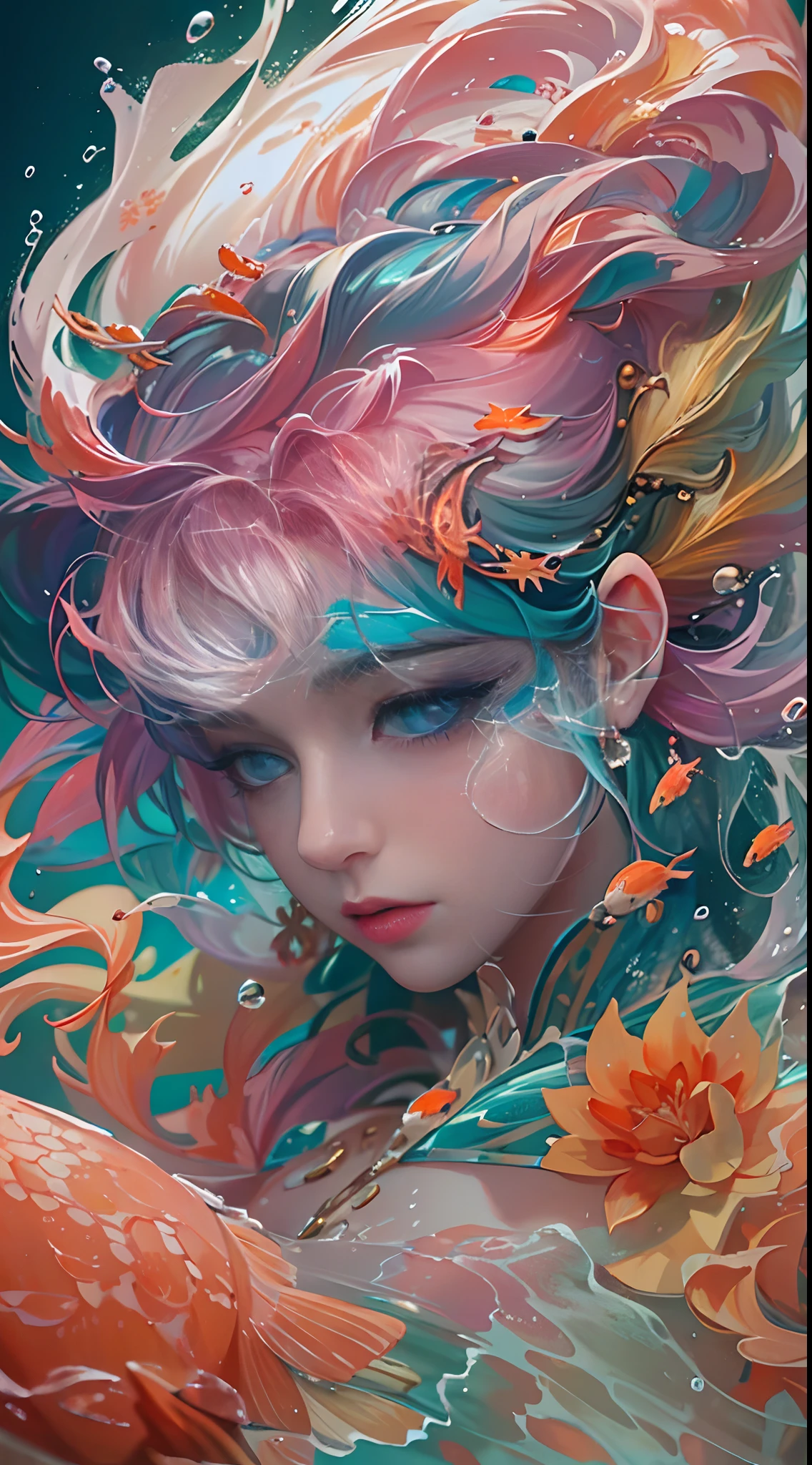 ModelShoot style, (Extremely detailed Cg Unity 8K wallpaper), A chaotic storm of intricate liquid smoke in the head, Stylized abstract portrait of beautiful girl, wetted skin,Koi,Beautiful koi,Flocks of koi,carp,Strange shaped corals,ocean floor,Beautiful coral reef in the background,Rochas,Marine life,colorful coral reef,author:Petros Afshar, ross tran, tom whalen, Peter Mohrbacher, Art germ, Broken glass, ((bubbly underwater scenery)) Radiant light octane rendering is highly detailed, inspired by Yanjun Cheng, Beautiful digital artwork, Guviz-style artwork, 4k highly detailed digital art, Beautiful digital illustration, Cute detailed digital art, stunning digital illustration, A beautiful artwork illustration, Exquisite digital illustration, 4K detailed digital art,