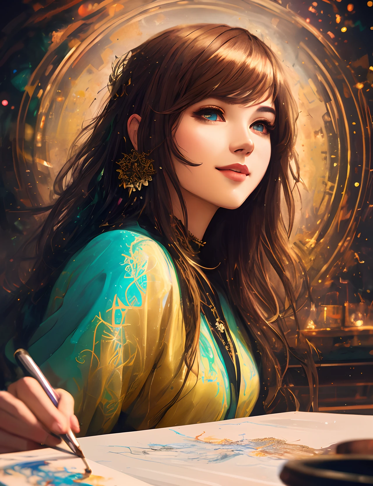 Girl in champagne color fashion city clothes at bar, , Long messy hair, Smiling, full bodyesbian, Beautiful anime waifu style girl, Super detailed painting, Luminism, art by Carne Griffiths and Wadim Kashin concept art, 4K 分辨率, fractal isometrics details bioluminescens , a 3D render, rendering by octane, intricately details , Cinematic, trending on artstation Isometric Centered hyperrealistic cover photo awesome full color, handpainted , grittiness, Realistic Mucha , hit definition , Cinematic, On paper, Ethereal background, Abstract beauty,Stand, nearing perfection, Pure form, Golden ratio, Maximalism, Unfinished, concept-art, author：Brian Froud、Carne Griffiths、Wadim Kashin and John William Waterhouse, Intricate details, 8k post production, high resolution, ultra - detailed, trending on artstationh, Sharp focus, studio photo, Intricate details, Highly detailed, by Greg Rutkowski