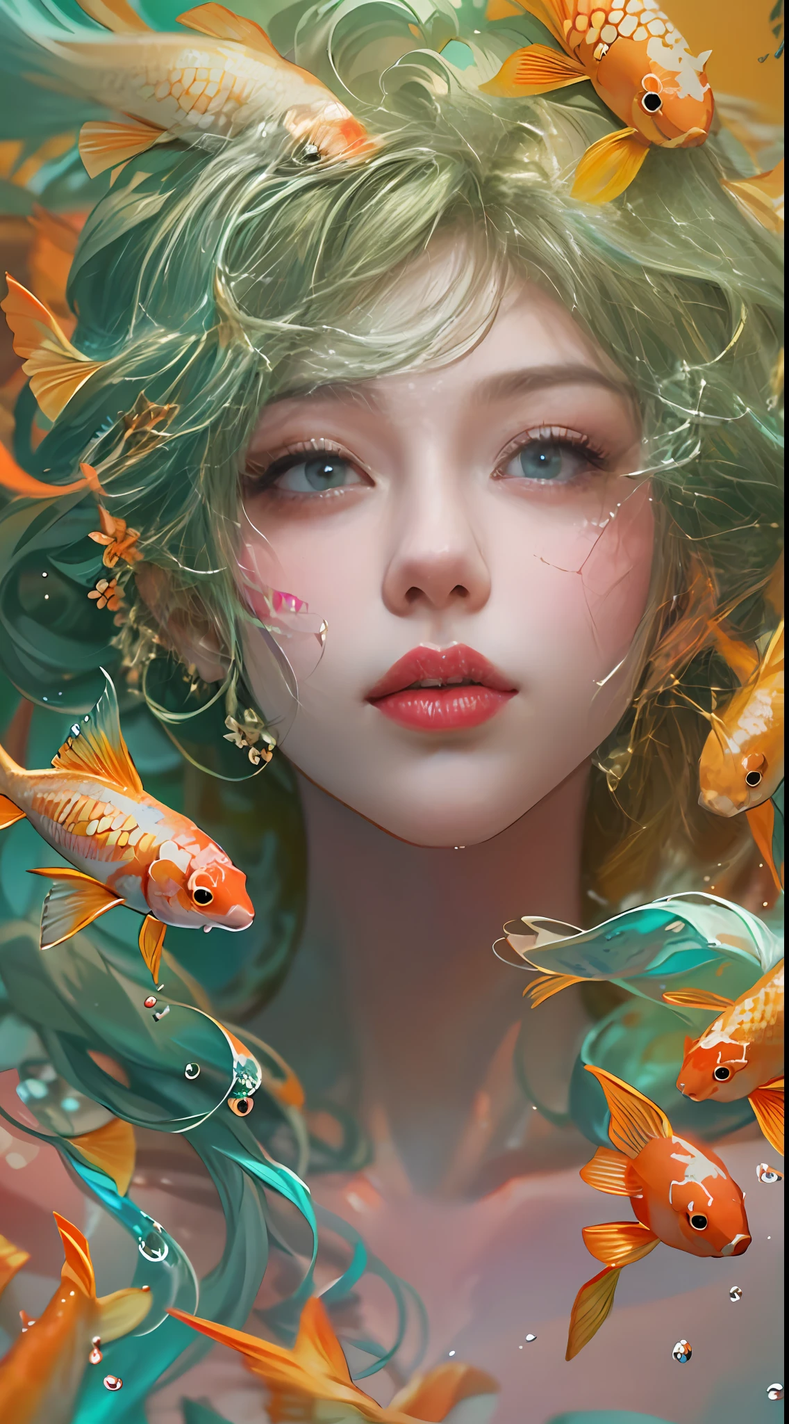 ModelShoot style, (Extremely detailed Cg Unity 8K wallpaper), A chaotic storm of intricate liquid smoke in the head, Stylized abstract portrait of beautiful girl, wetted skin,Koi，Beautiful koi，Flocks of koi,carp，Strange shaped corals，ocean floor，Beautiful coral reef in the background，Rochas,Marine life，colorful coral reef,author：Petros Afshar, ross tran, tom whalen, Peter Mohrbacher, Art germ, Broken glass, ((bubbly underwater scenery)) Radiant light octane rendering is highly detailed, inspired by Yanjun Cheng, Beautiful digital artwork, Guviz-style artwork, 4k highly detailed digital art, Beautiful digital illustration, Cute detailed digital art, stunning digital illustration, A beautiful artwork illustration, Exquisite digital illustration, 4K detailed digital art,
