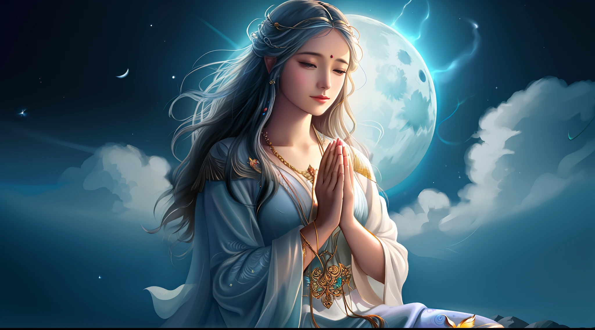 arafed woman sitting on a rock with her hands folded in prayer, graphic artist magali villeneuve, moon goddess, beautiful fantasy art, inspired by Magali Villeneuve, beautiful goddess, magali villeneuve', beautiful fantasy art portrait, neoartcore and charlie bowater, high quality fantasy art, very beautiful fantasy art, elven angel meditating in space