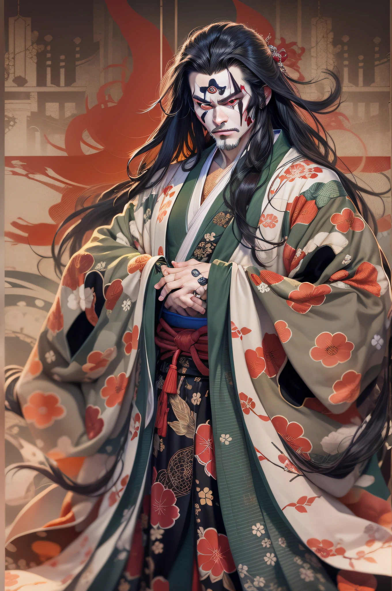 Kabukiza,Kabuki actor,ember,male people,Kime Pose,Long hair,Scary face,The background is the stage,a cool,realisitic,a picture,