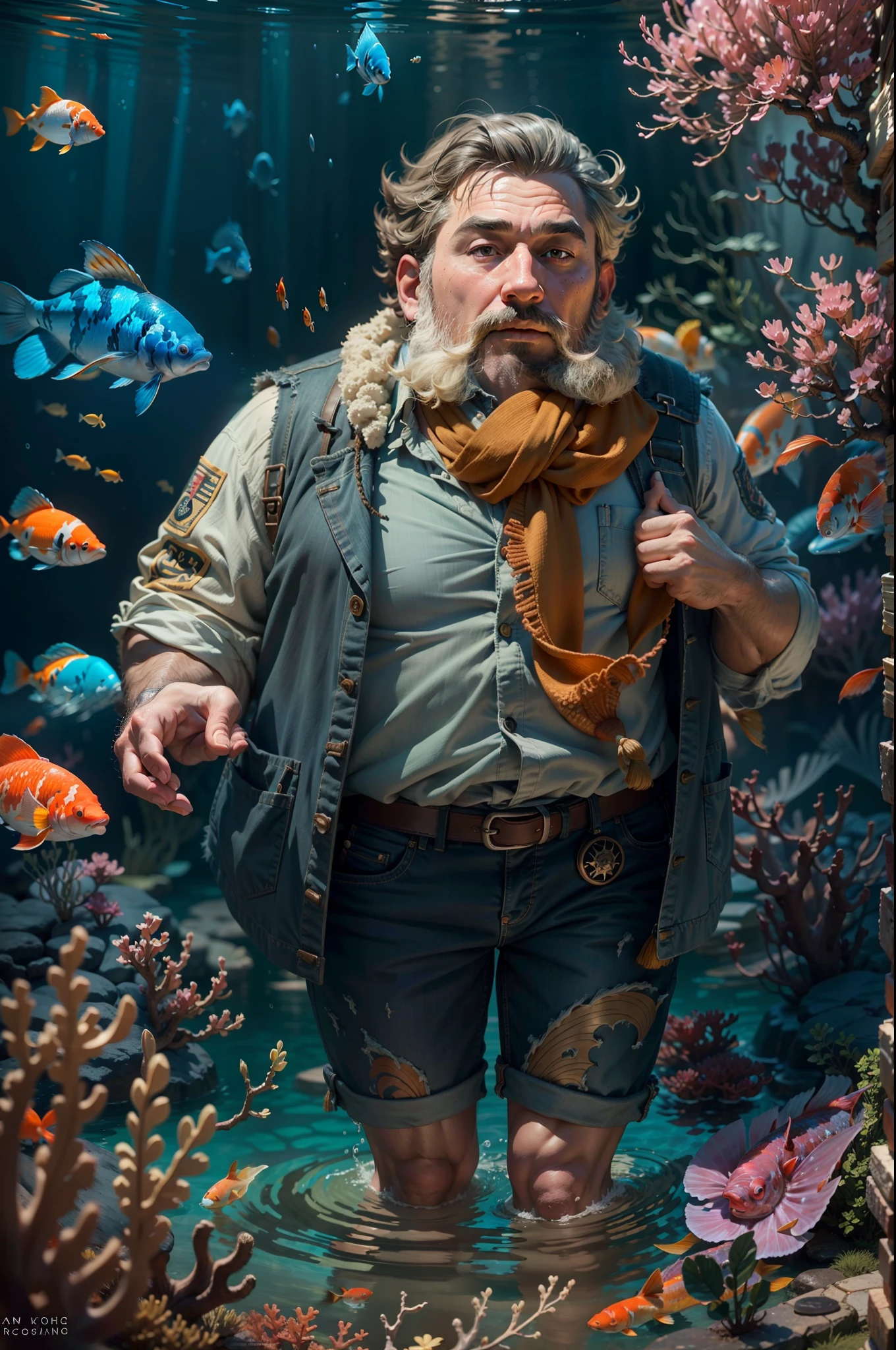 movie picture quality,style of disney animation,Disney animated films,ocean floor,The corals,Colorful,The stocky bearded uncle swims in the sea on a huge koi,short detailed hair,Denim suspenders,The barefoot,depth of fields,high light,Real light,Ray traching,oc rendered,Hyper-realistic,best qualtiy,8K,Works of masters,super-fine,Detailed pubic hair,Correct anatomy,sharp focus on eyes,Bokeh,Facial features are carefully depicted,looking at me