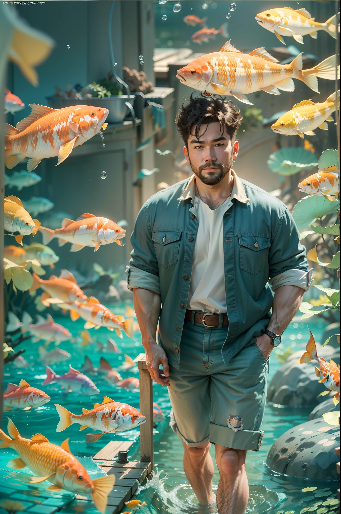 movie picture quality，style of disney animation，Disney animated films，ocean floor，The corals，Colorful，The stocky bearded uncle swims in the sea on a huge koi，short detailed hair，Denim suspenders，The barefoot，depth of fields，high light，Real light，Ray traching，oc rendered，Hyper-realistic，best qualtiy，8K，Works of masters，super-fine，Detailed pubic hair，Correct ???????，sharp focus on eyes，Bokeh，Facial features are carefully depicted，looking at me
