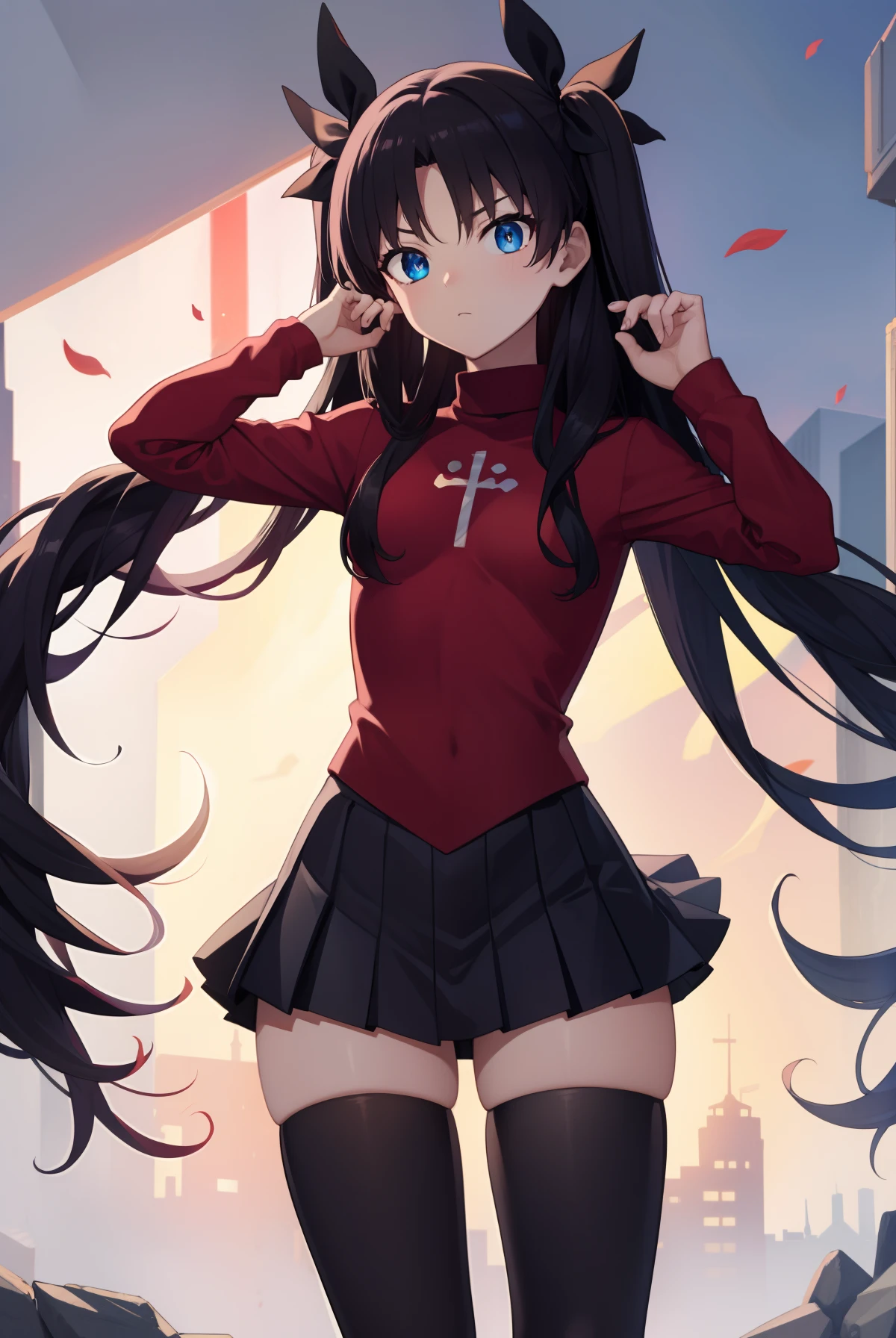 rintohsaka, rin tohsaka, aqua eyes, black hair, hair ribbon, long hair, ribbon, sidelocks, two side up,
BREAK black skirt, black thighhighs, long sleeves, miniskirt, pleated skirt, red sweater, skirt, sweater, thighhighs, turtleneck,
BREAK outside, city,
BREAK looking at viewer, BREAK (masterpiece:1.2), best quality, high resolution, unity 8k wallpaper, (illustration:0.8), (beautiful detailed eyes:1.6), extremely detailed face, perfect lighting, extremely detailed CG, (perfect hands, perfect anatomy),