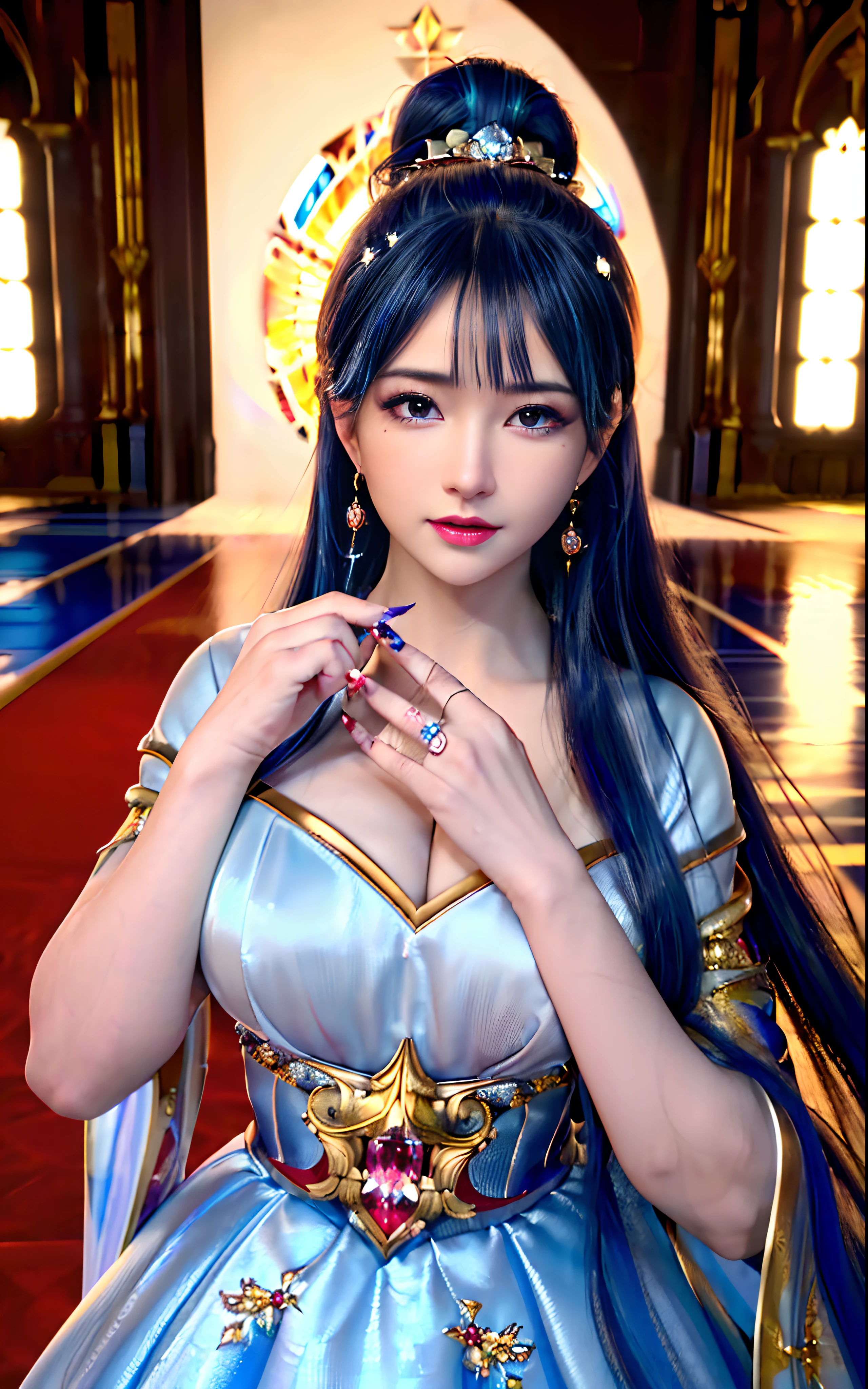 ((realisticity: 1.2)), ((realistic: 8K UHD)), ((best resolution: 8K UHD)), hyper detailed, best quality,masterpiece,highres,cg, ((1 girl hyper detailed and hyper realistic) ) , ((beautiful queen, hyper realistic and hyper detailed)),((white skin, beautiful, smooth, youthful, hyper realistic and hyper detailed )), ((Face hyper beautiful, white, hyper realistic and hyper detailed ) ), long hair, ((hyper realistic and hyper detailed dress)), solo, ((hyper realistic, hyper beautiful, beautiful and hyper detailed jewelry)), ((hyper beautiful deep red and golden yellow dress, hyper realistic and hyper detailed )) , ((Her pretty, hyper realistic, hyper detailed diamond filled earrings)), ((Her gorgeous diamond haircut, hyper realistic and hyper detailed)), ((hyper pretty upper body, hyper beautiful, hyper realistic and hyper detailed) ), ((medium breast: 1.1)), ((hyper realistic, hyper pretty, hyper detailed boobs)), ((the backgroun of the royal palace is hyper majestic, hyper realistic and hyper detailed)),((hands and palms hyper beautiful, hyper detailed, hyper realistic)), ((hyper detailed and hyper realistic fingers and fingernails)), ((hyper pretty fingernails, hyper vivid, hyper detailed, hyper realistic)), ((thumb, index finger, middle finger, ring finger, little finger hyper vivid, hyper pretty, hyper detailed, hyper realistic)),
((hyper beautiful fingers, hyper detailed, and hyper realistic)), ((posture not too fat and not too thin, hyper realistic, hyper detail)), ((hyper pretty, hyper pretty, hyper realistic and hyper detailed hair bun)), ((hyper pretty , hyper realistic and hyper detailed blue hair)), candid, Photo, high resolution, 8k , bokeh,