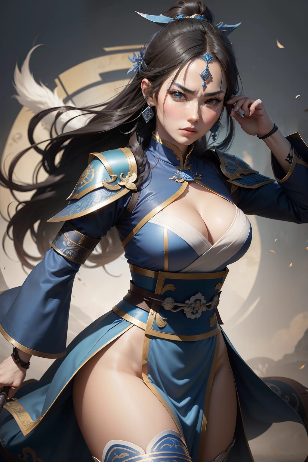 Create a square-format game character illustration inspired by the '三國無双' (Dynasty Warriors) style:
1. Frame: Ensure the character design is centered and fills the square frame.
2. Pose: The character should have a powerful and dynamic stance, exuding confidence and combat readiness.
3. Outfit: Design the character in traditional Chinese warrior attire, with intricate patterns and details. Make sure blue shades are prominently displayed.
4. Weapon: Bestow upon the character a signature weapon commonly seen in '三國無双', such as a guandao or a halberd, with blue accents or emblems.
5. Colors: Emphasize various shades of blue for the character's attire and weapon, contrasted with silver or white highlights.
6. Face: Craft a determined and fierce expression, capturing the essence of a '三國無双' warrior.
7. Hairstyle: Opt for a traditional look, possibly tied up, adorned with blue decorative accessories.
8. Background: Design a background that exudes power and strength, utilizing swirling patterns or energetic elements. The main color palette should include shades of blue, complemented by darker tones for depth.
9. Additional Details: Accentuate the character with blue-themed armor, sashes, and accessories, enhancing the overall blue theme.
The main objective is to embody the essence of a '三國無双' warrior in a dominant blue theme within a square format, complemented by a background that radiates power."