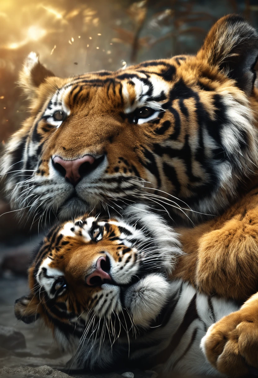 Clear tiger and lion fighting