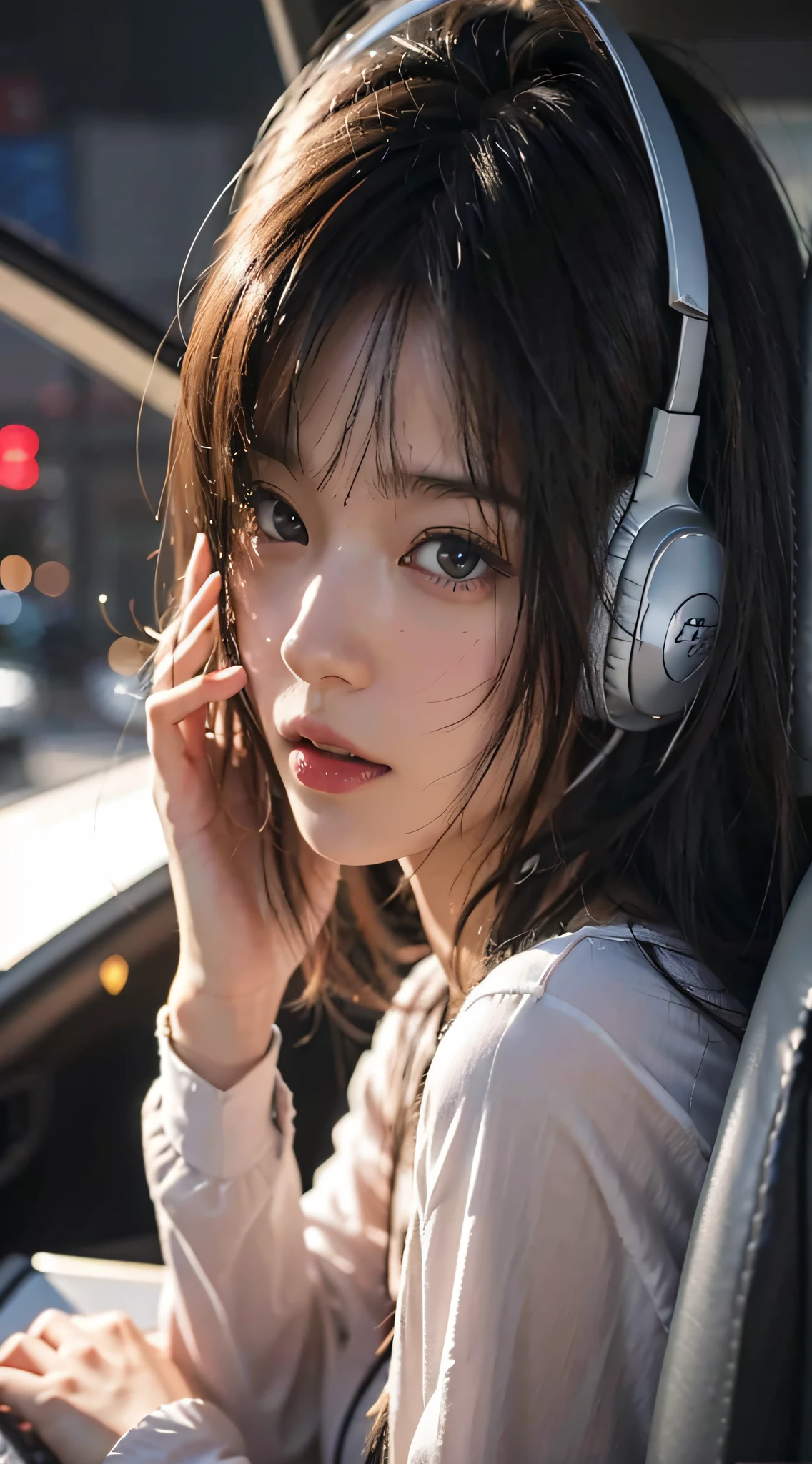Anime girl sitting in car with laptop wearing headphones, Guviz-style artwork, Anime style. 8K, style of anime4 K, Guviz, Realistic anime 3 D style, Beautiful anime girl, trending on cgstation, with headphone, nightcore, high quality portrait, Smooth anime CG art, attractive anime girls, anime vibes