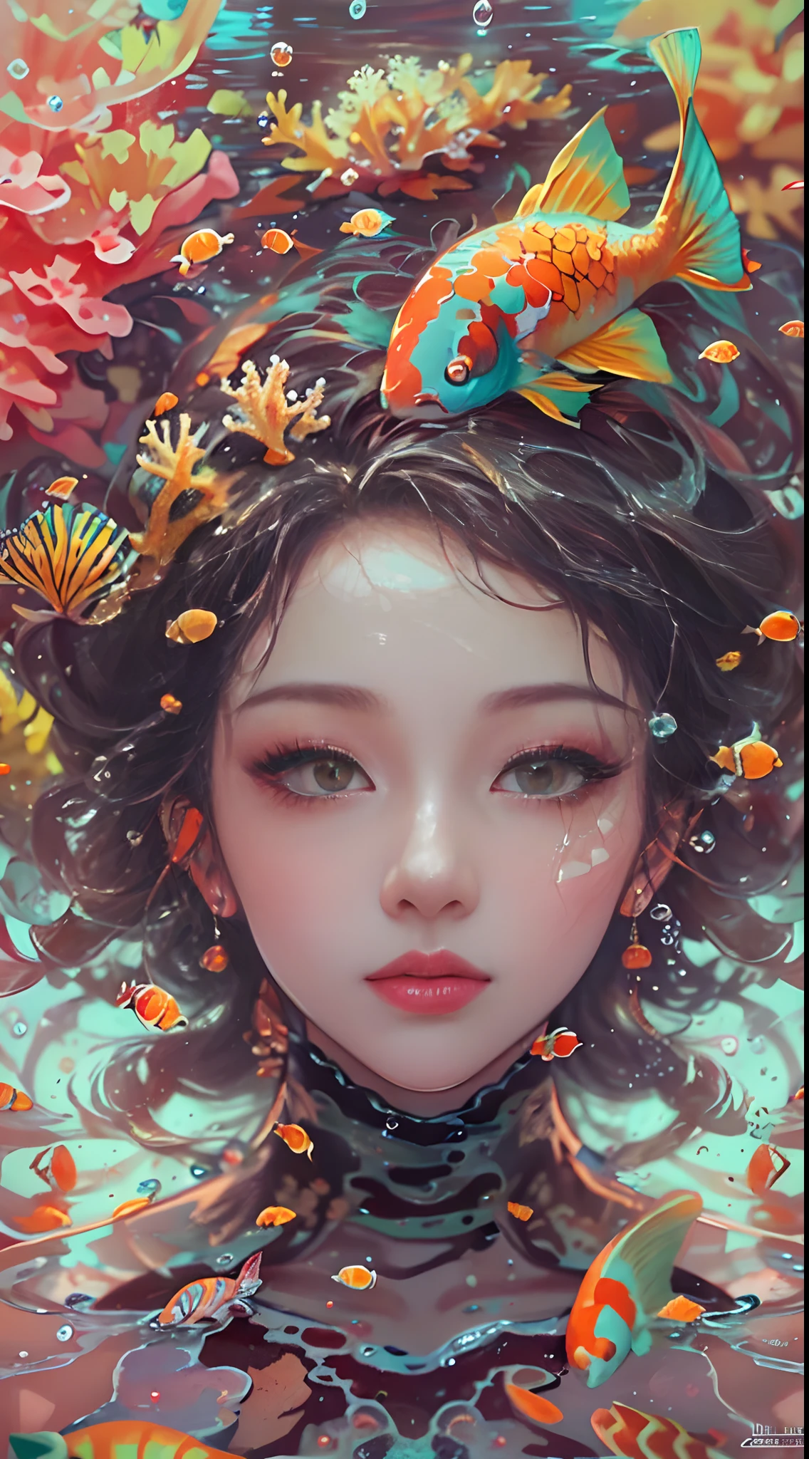 ModelShoot style, (Extremely detailed Cg Unity 8K wallpaper), A chaotic storm of intricate liquid smoke in the head, Stylized abstract portrait of beautiful girl, wetted skin,Koi，Beautiful koi，Flocks of koi,carp，Strange shaped corals，ocean floor，Beautiful coral reef in the background，Rochas,Marine life，colorful coral reef,author：Petros Afshar, ross tran, tom whalen, Peter Mohrbacher, Art germ, Broken glass, ((bubbly underwater scenery)) Radiant light octane rendering is highly detailed