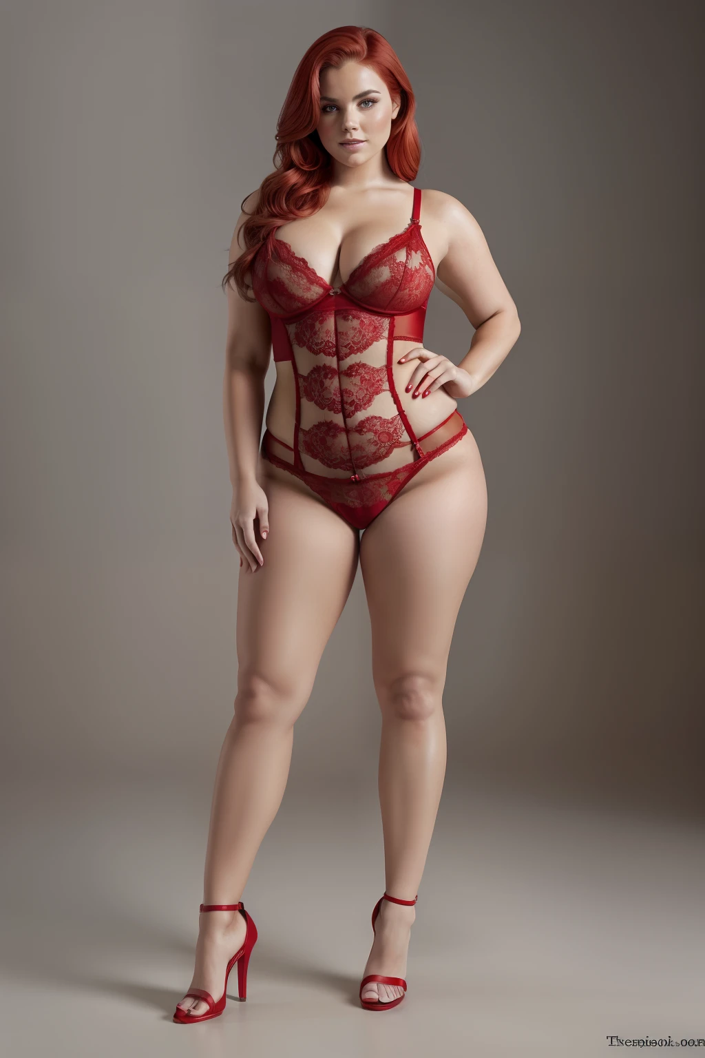 full body of a fat but toned curvy young woman in red lingerie, she is in erotic pose, seductive look, neutral background, studio photo, heels and red hair, 32k