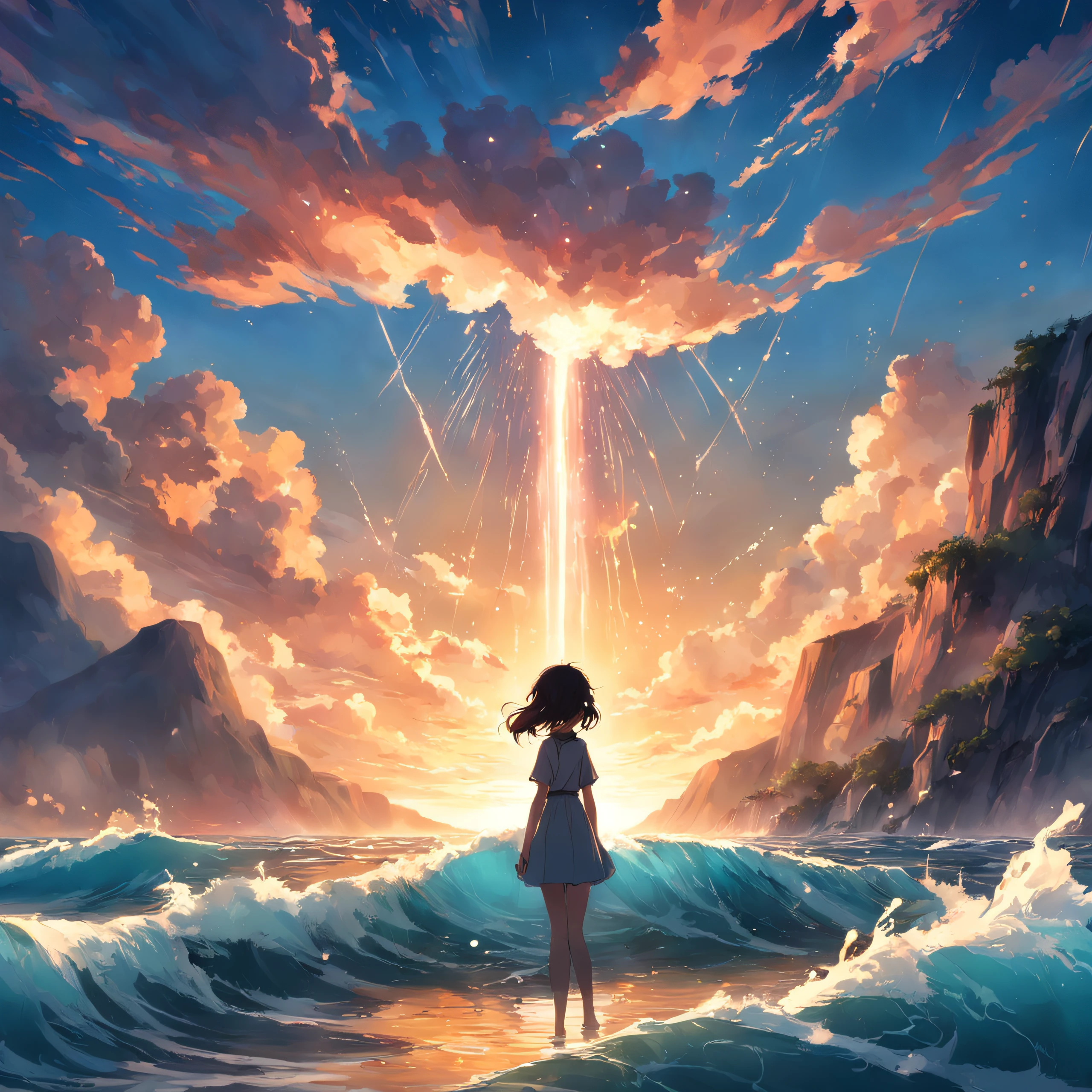 obra-prima, melhor qualidade, filme ainda, sea, ocean, waterfall, cloud space, floating into the sky, close-up, brilhante, feliz, Soft lighting and Warm, sun sunset, (Sparks: 0,7)