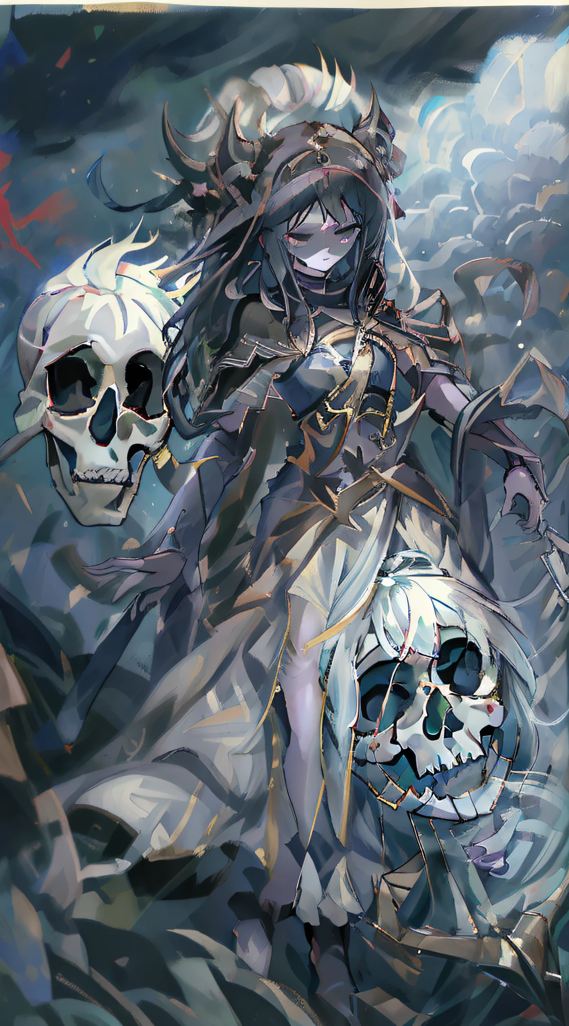 (Masterpiece, Best quality, illustration)), chaos theme, horror theme, A girl, covering eyes, Mask, skull, head gear, skeletal armor, skeleton print, Armored dress, floating capelet, jacket removed, Solo, Many planted_sword, 废墟, Cloudy sky, nevando, Dark lighting