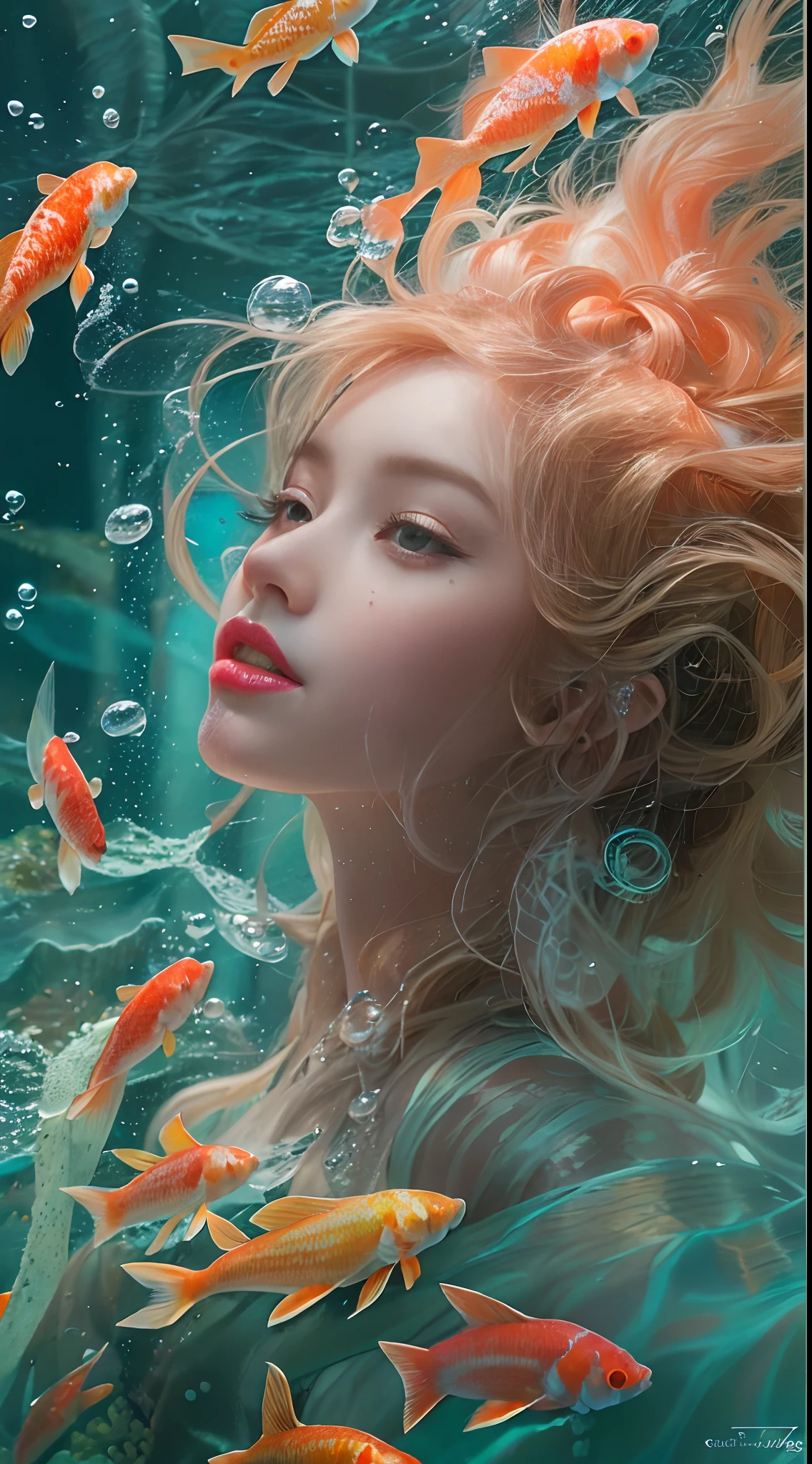 ModelShoot style, (Extremely detailed Cg Unity 8K wallpaper), A chaotic storm of intricate liquid smoke in the head, Stylized abstract portrait of beautiful girl, wetted skin,Koi，Beautiful koi，Flocks of koi,carp，Strange shaped corals，ocean floor，Beautiful coral reef in the background，Rochas,Marine life，author：Petros Afshar, ross tran, tom whalen, Peter Mohrbacher, Art germ, Broken glass, ((bubbly underwater scenery)) Radiant light octane rendering is highly detailed